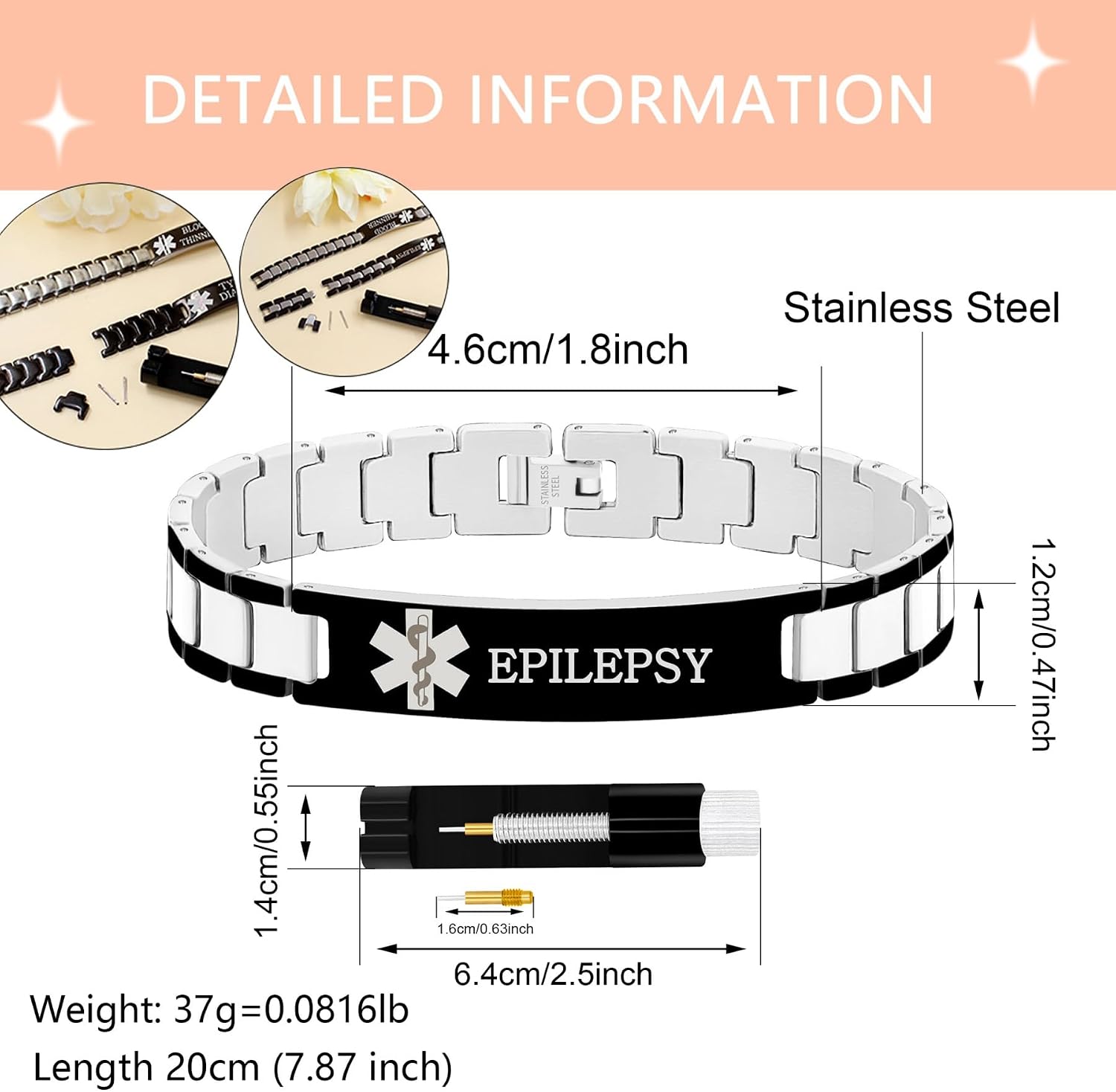 Customizable Masculine Stainless Steel Medical ID Bracelet | Engraved Emergency Alert Wristband | Premium Identification Watch Band Style | Includes Link Remover