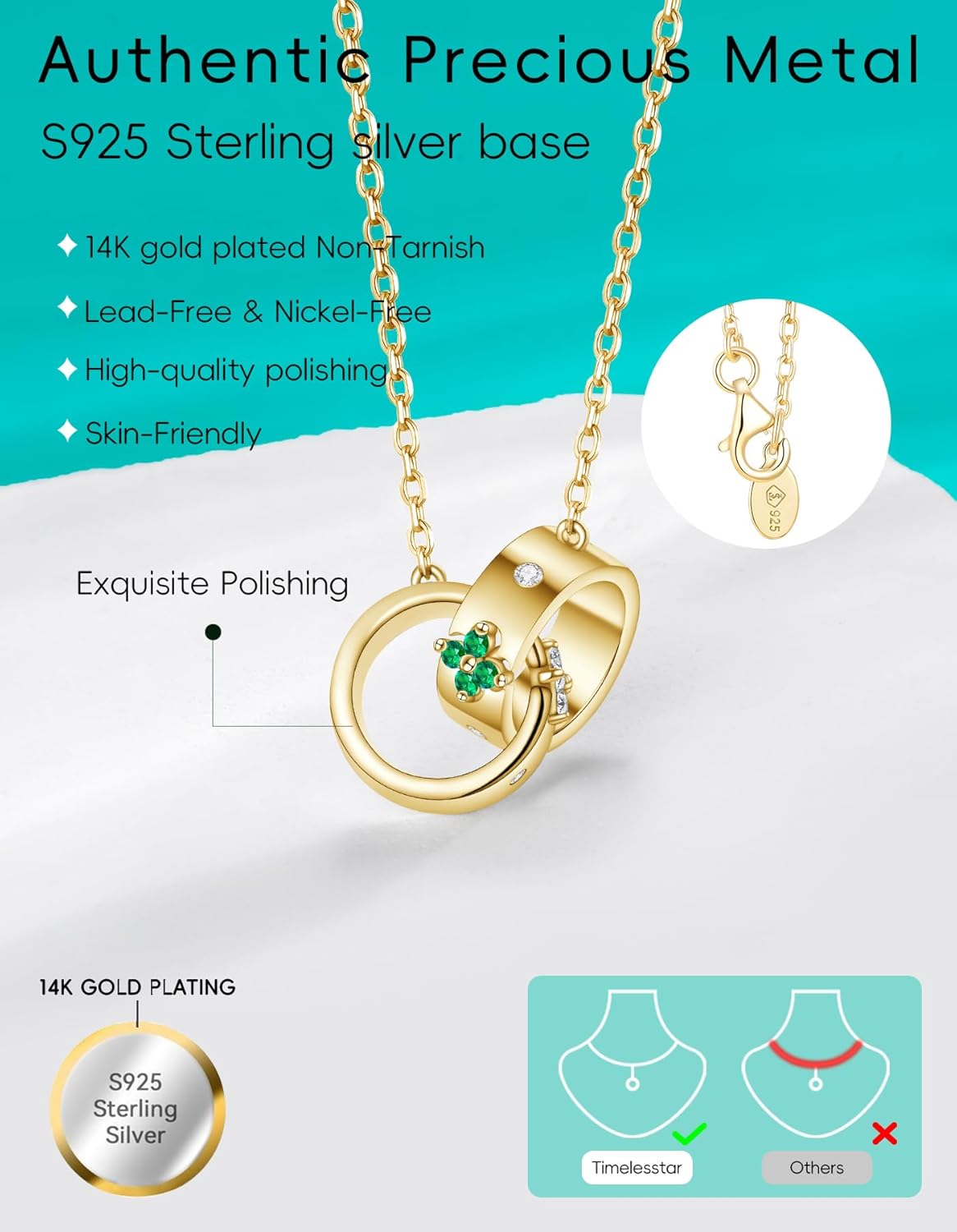 Gold Clover Necklaces for Women Dainty Pendant with Premium Moissanite|Lab-Grown Emerald|925 Sterling Silver 14K Gold Plated Non Tarnish - Image 6