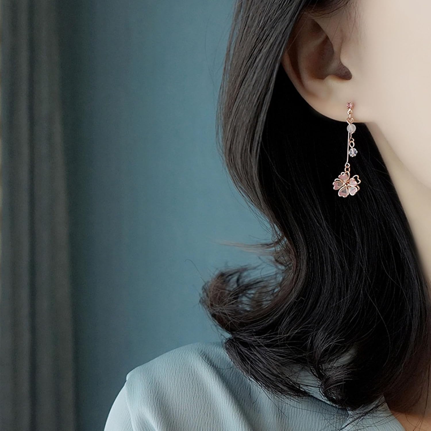 Dainty Cherry Blossoms Dangle Stud Earrings Sterling Silver for Women Rose Gold Pink Crystal CZ Diamond Dangling Charm Flower Leaf Threader Earring Ear - Image 7