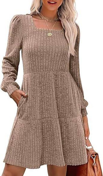 Womens Fall Sweater Dresses 2026 Long Sleeve Square Neck Ribbed Knit Dress with Pockets Casual Knee Length Dress