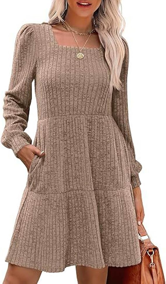 Womens Fall Sweater Dresses 2026 Long Sleeve Square Neck Ribbed Knit Dress with Pockets Casual Knee Length Dress