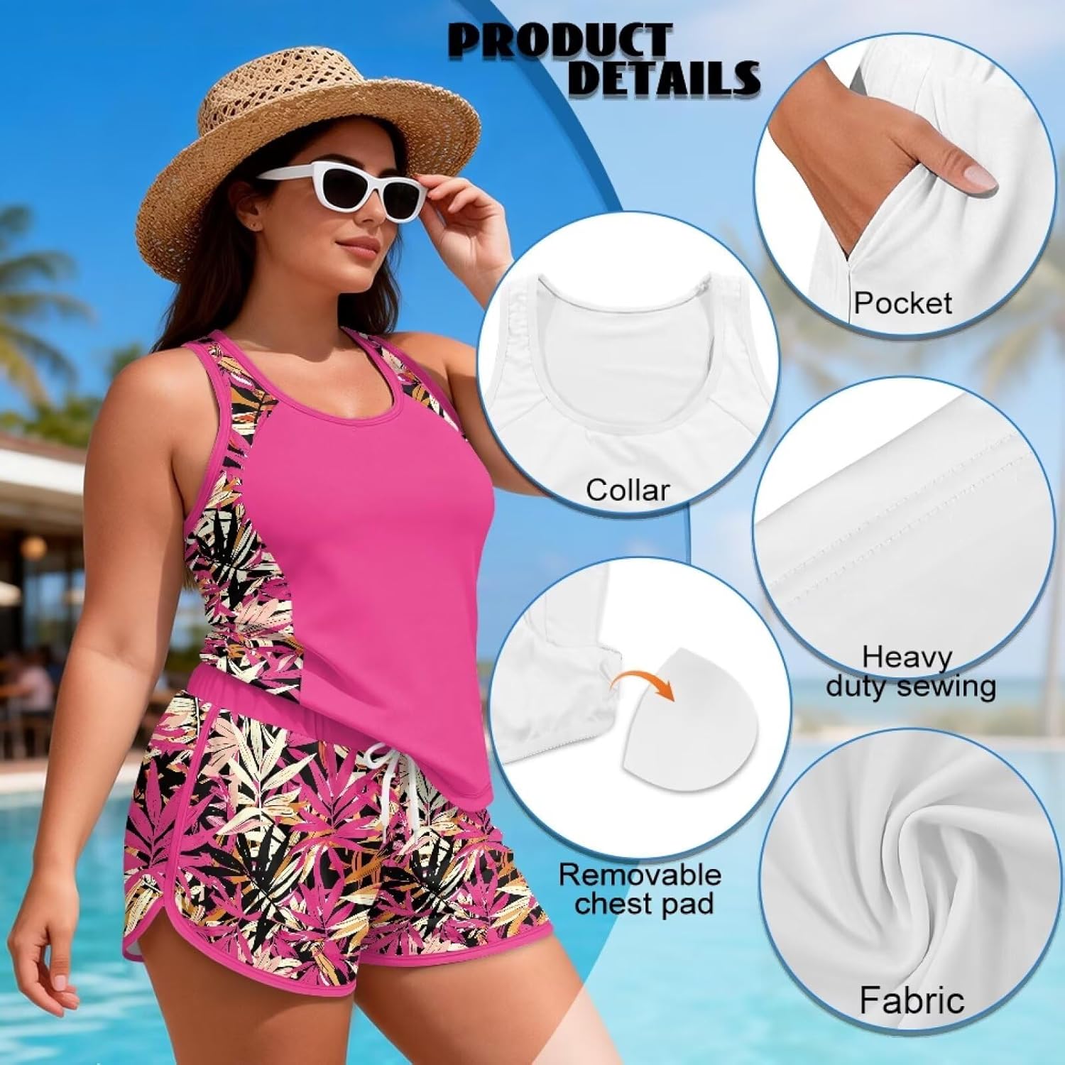 Two Piece Bathing Suit for Women Tankini Top with Sporty Pockets Swim Shorts Quick Dry Swimwear Set Size S-6XL