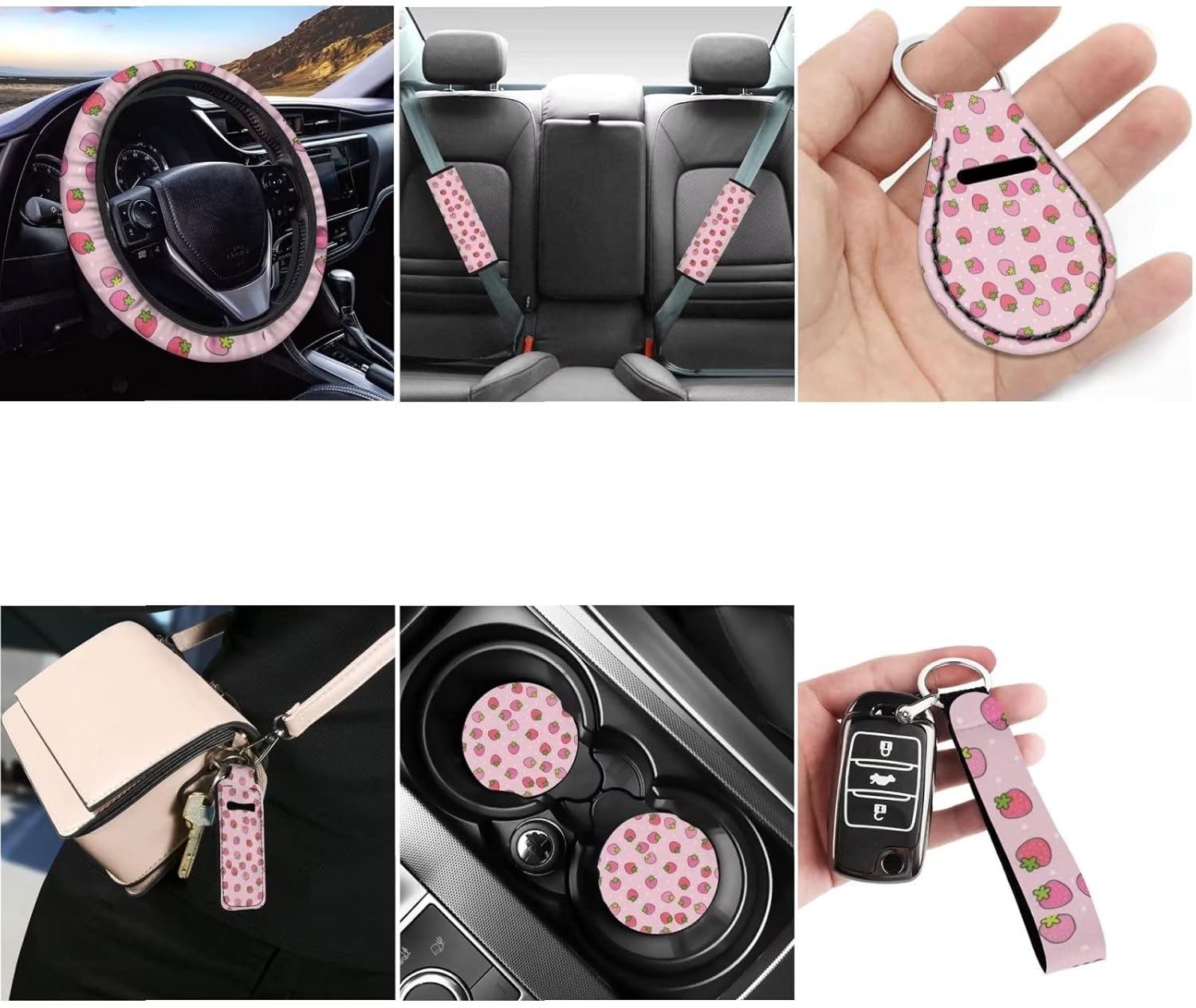Pink Strawberry Car Seat Covers for Women, 12 Pack Steering Wheel Cover Shoulder Seat Belt Protector Keychain Cup Holder Coasters, Full Set Auto Accessories