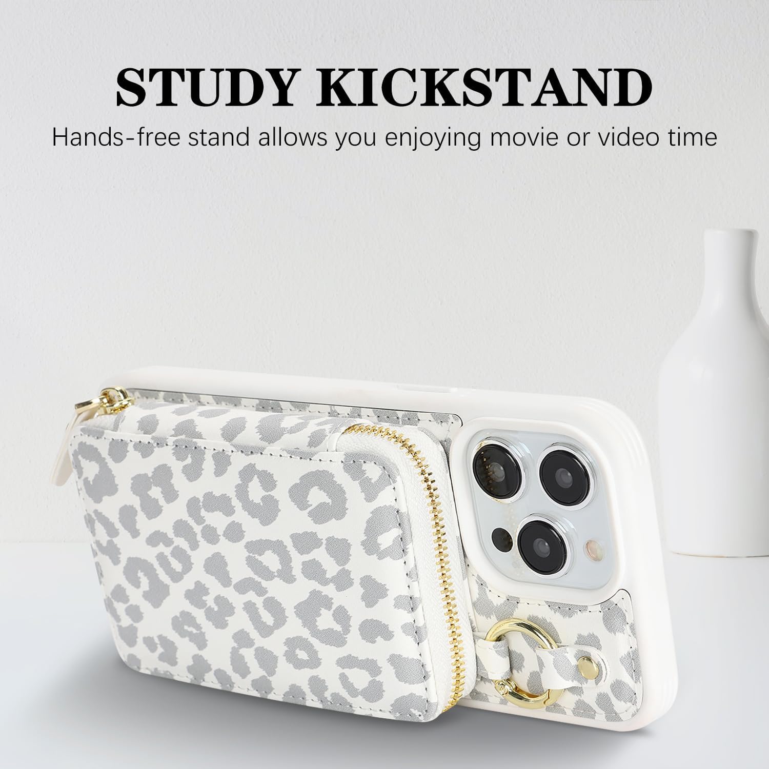 Cavor for iPhone 15 Pro Max Wallet Case with Card Holder for Women Men, for iPhone 15 Pro Max Case with Strap, Crossbody Lanyard Phone Case, Magnetic Detachable Compatible with Magsafe-White Leopard