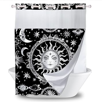 White Black Shower Curtain, Gothic Abstract Sun Moon Shower Curtain Set, Whimsical Fantasy Heavy Duty No Hook, Bathroom Accessories Decor 72Wx74H