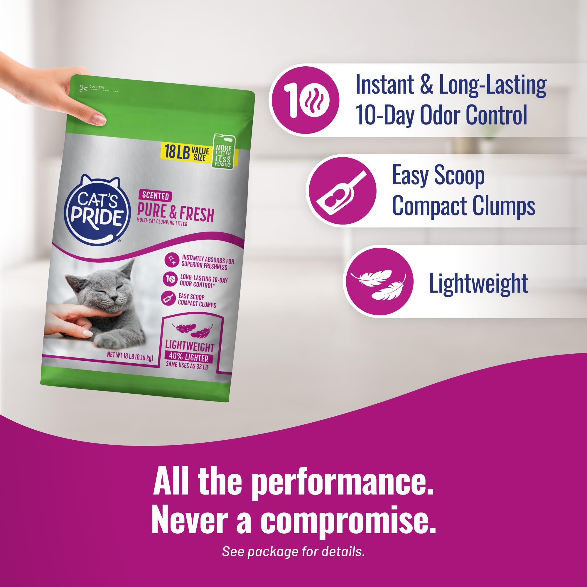 Cat's Pride Arena aglutinante Ligera Pura y Fresca, hasta 10 días de Potente Control de olores, Varios Gatos, perfumada, 18 Libras