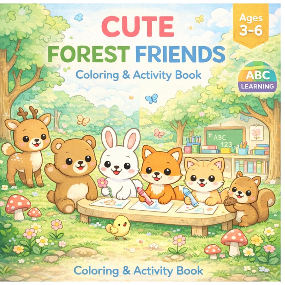 CUTE FOREST FRIENDS ABC Coloring & Activity Book for Kids Ages 3–6: Fun & Easy Coloring Pages with Forest Animals, Learning Activities, Counting, Matching & More