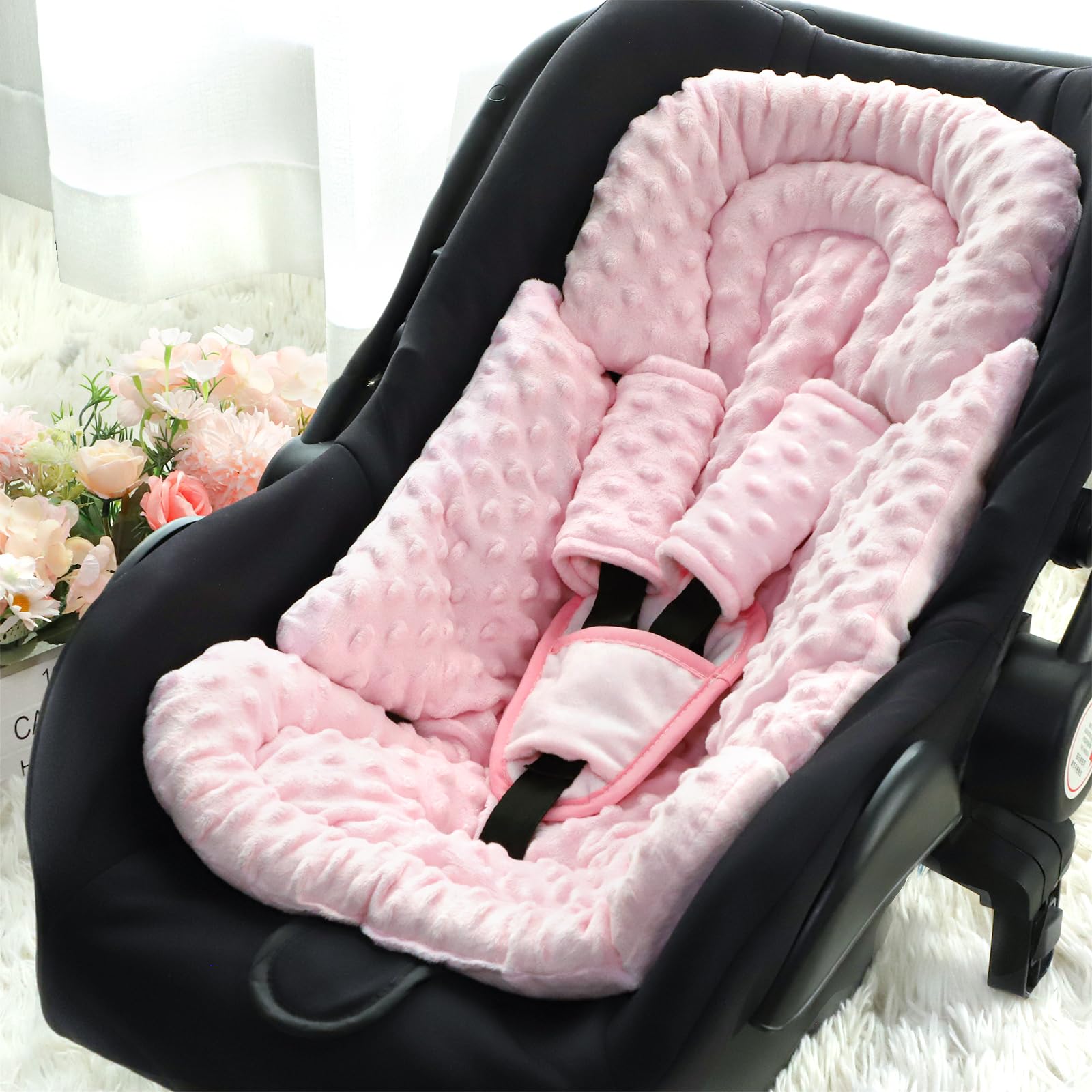 Inserto de asiento de coche para niño y niña, inserto de asiento de automóvil 3 en 1 para recién nacido con almohadillas de correa, soporte de cabeza de asiento de coche para cochecitos de bebé,