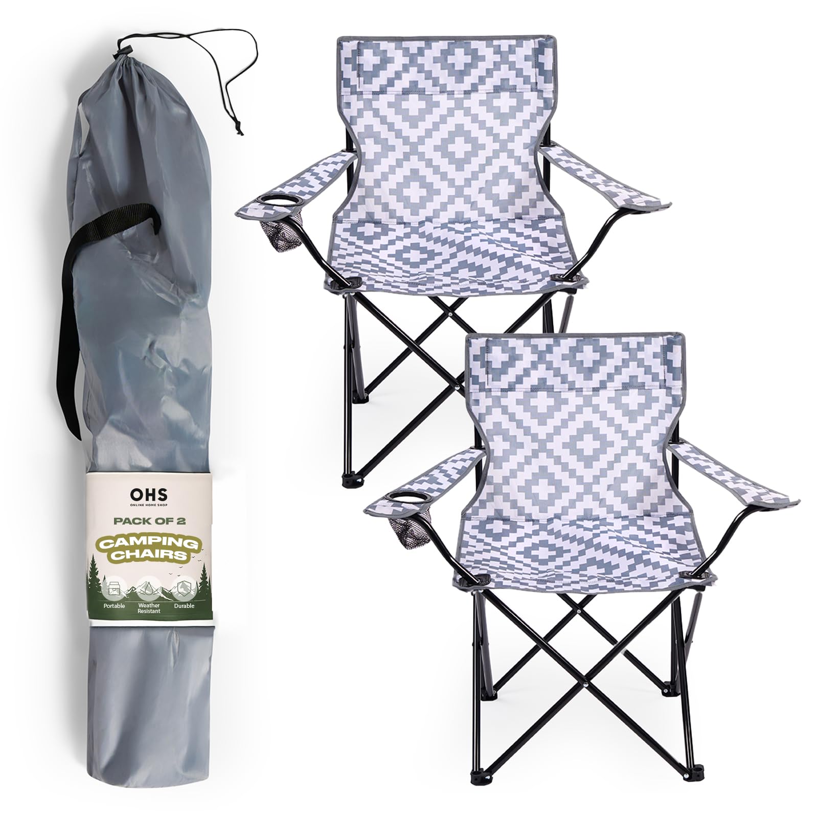OHS 2 x Camping Chairs, Festival Garden Camping Chair For Adults Lightweight Steel Frame Outdoor Chair with Cup Holder For Outdoor Activities - Grey Geo