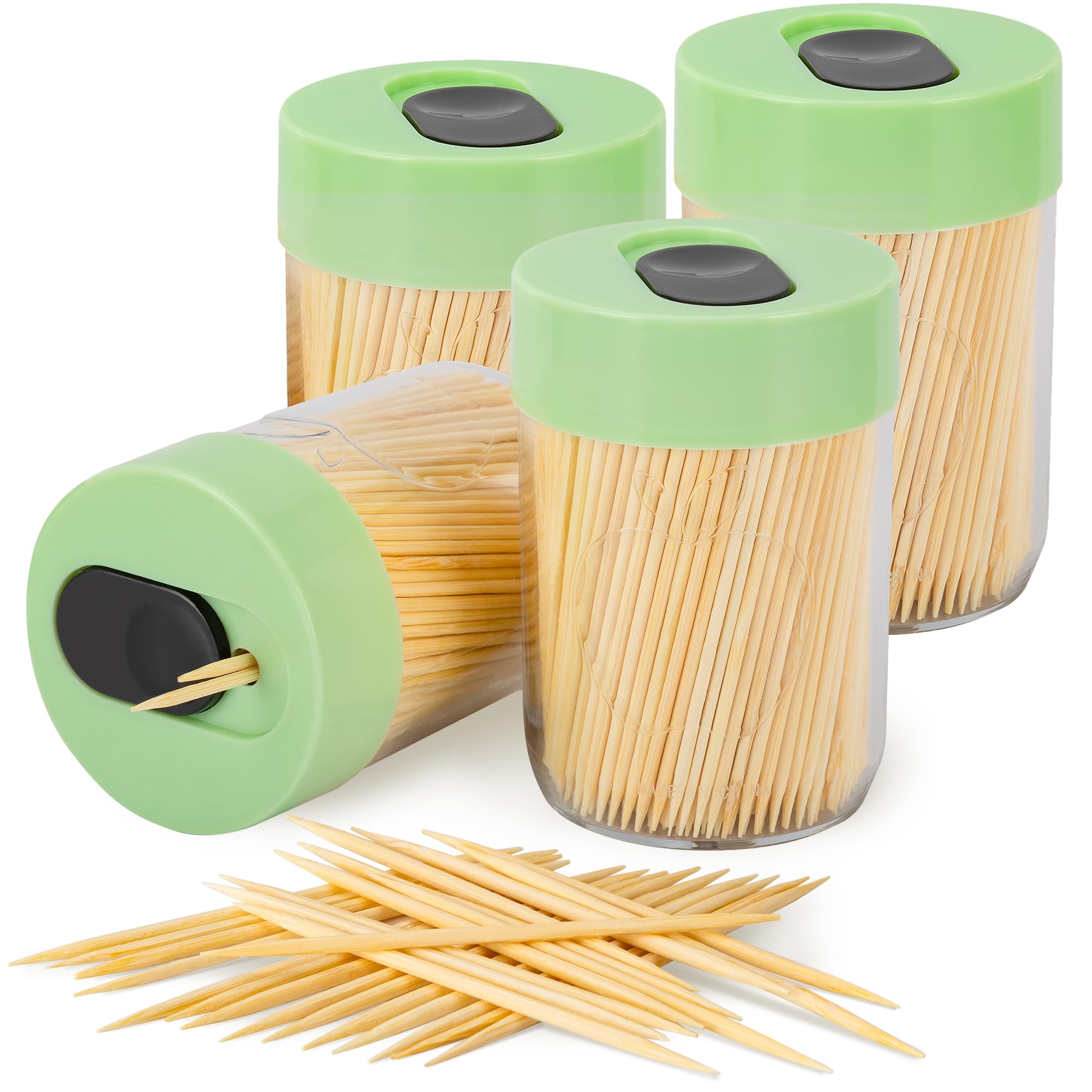 urbanstrive sturdy safe toothpick holder with 1600 natural wood toothpicks for teeth cleaning unique home design decoration unusual gift 4 pack green