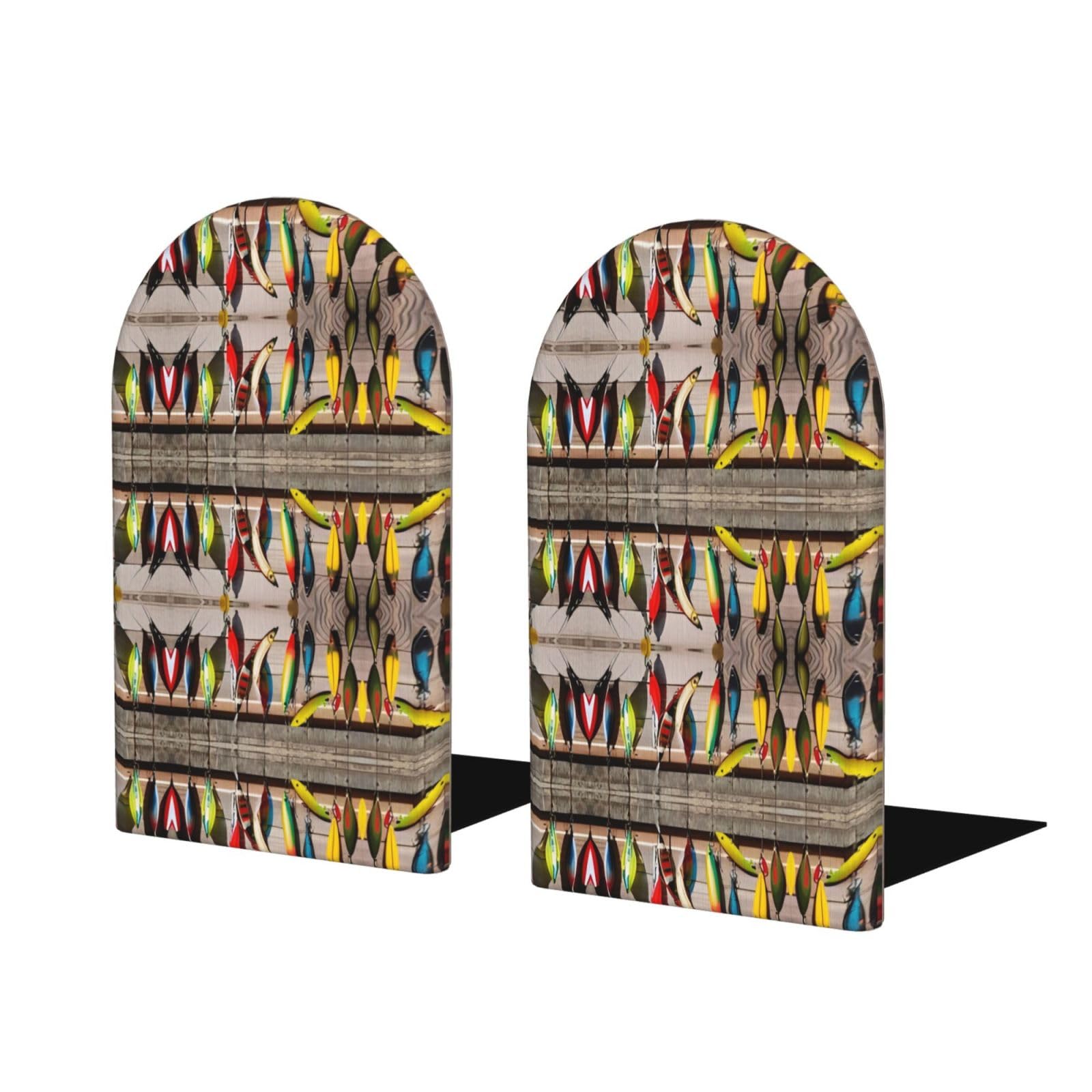 Fishing Lure Stylish Bookends with Full-Print Design Durable Wooden and Metal Bookend Set for Home, Office