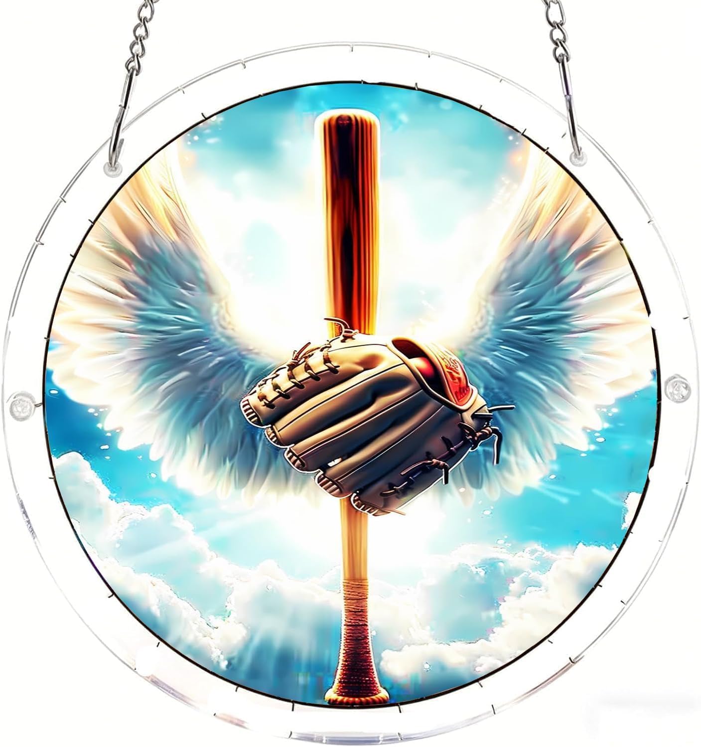 The Baseball Bat and Glove with Angel Wings Acrylic Jigsaw Puzzles Suncatcher, 7.4 Inch Window Hanging Suncatcher Acrylic Puzzle, DIY Home Decor Art Gift