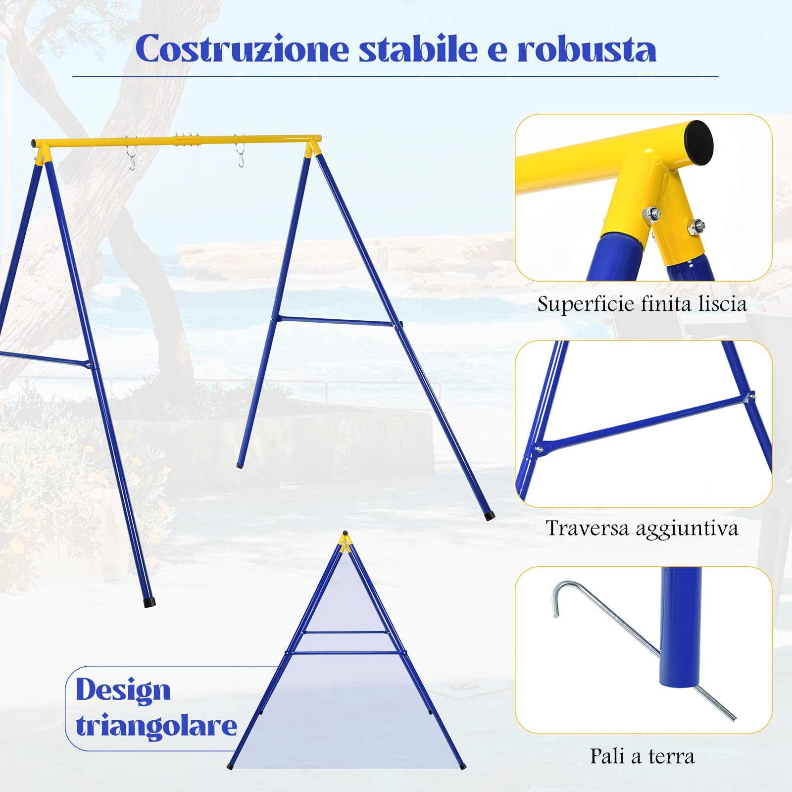RELAX4LIFE Soporte para Columpio Individual de Hierro con Capacidad de Carga de 200 kg, Marco de Columpio con 3 Ganchos para Colgar, 195 x 181 x 184 cm (Marco-1-Amarillo)