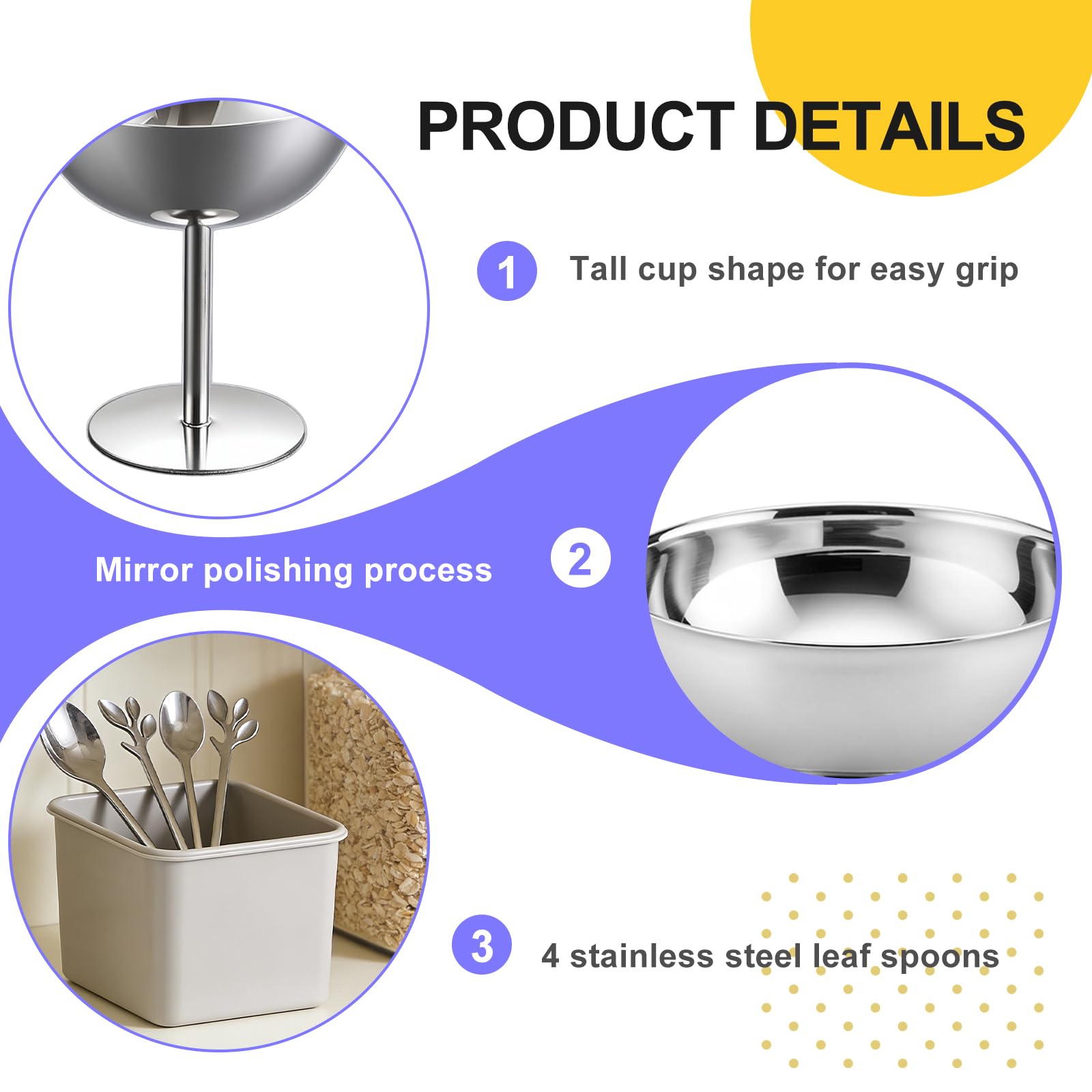4 bicchieri da gelato in acciaio inox, 200 ml, con 4 cucchiai da dessert, forma rotonda, per gelato, dessert, yogurt, dessert per matrimoni, feste, ristorante, argento