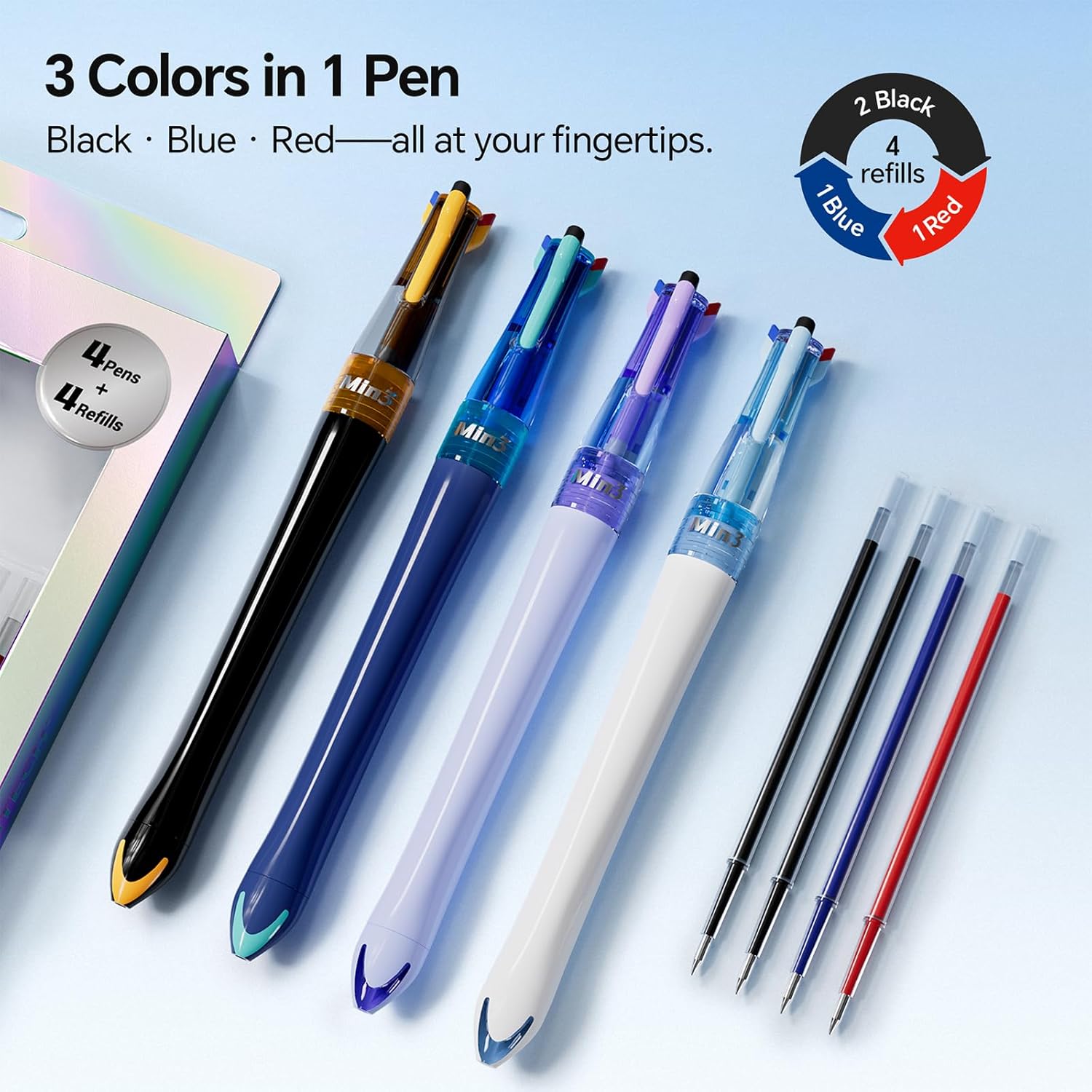 WRITECH Retractable Gel Ink Pens: 0.5mm Fine Point 3 in 1 Multi Colored Pen Black Blue Red, 4ct with 4 Refills No Smear Assorted Colors Min 3 for Smooth Writing Journaling Drawing - Image 3