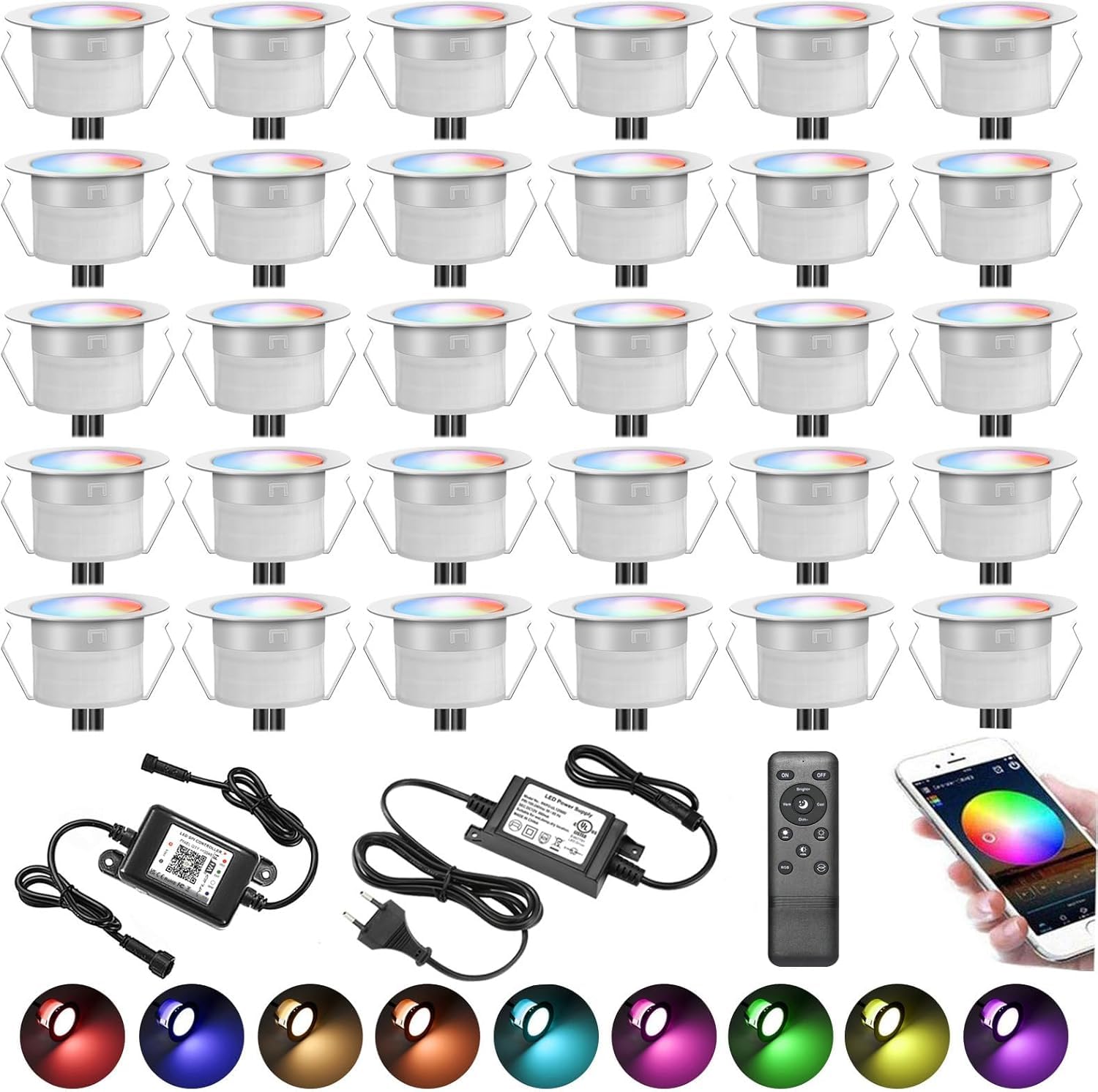 Set di 30 faretti LED da incasso per esterni, WiFi RGB + bianco caldo, Ø 31 mm, IP67 dimmerabili, compatibili con Alexa e Google Home, per terrazza giardino, scala