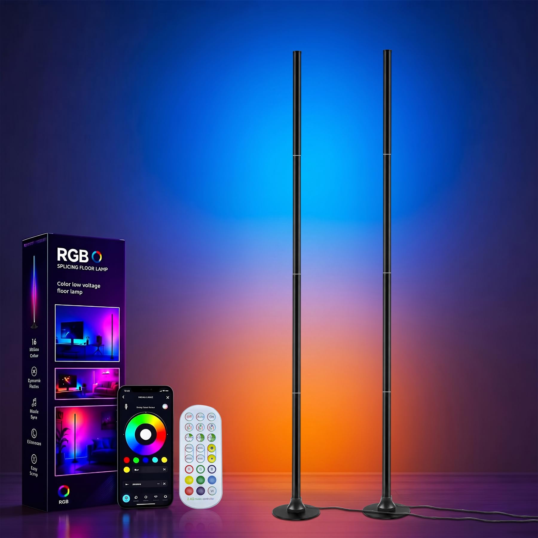 Lampadaire LED, lampe d'angle LED de 160 cm avec application et télécommande, synchronisation musicale, lampe intelligente 16 millions de couleurs pour salon, chambre et gaming-(Lot de 2)