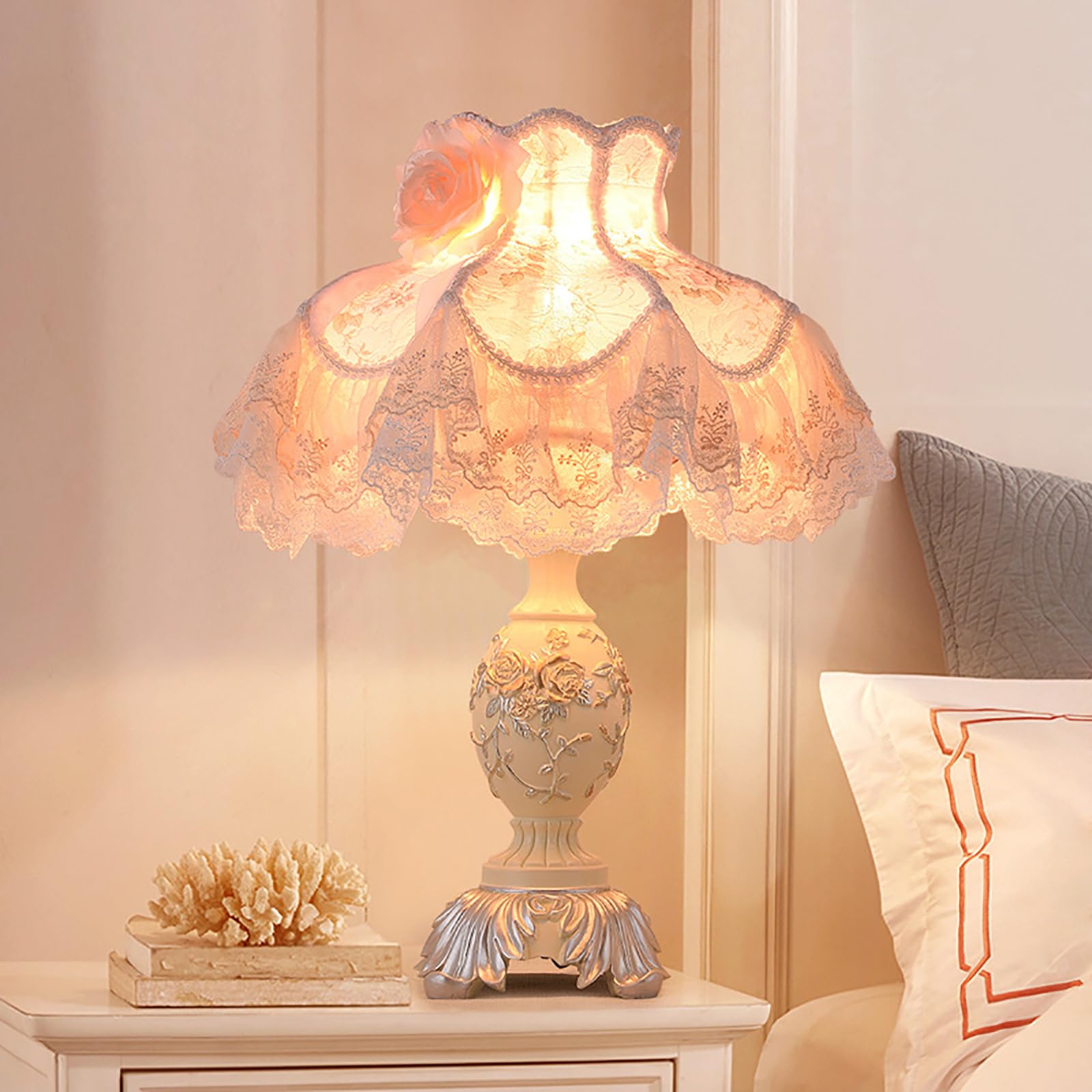 MESCXTY Vintage Pink Table Lamp,Victorian Style Lamp with Lace,Princess Bedside Lamps,Pleated Fabric Shade Desk Lamp,Antique Flower Night Light for Bedroom Nightstand Decorative