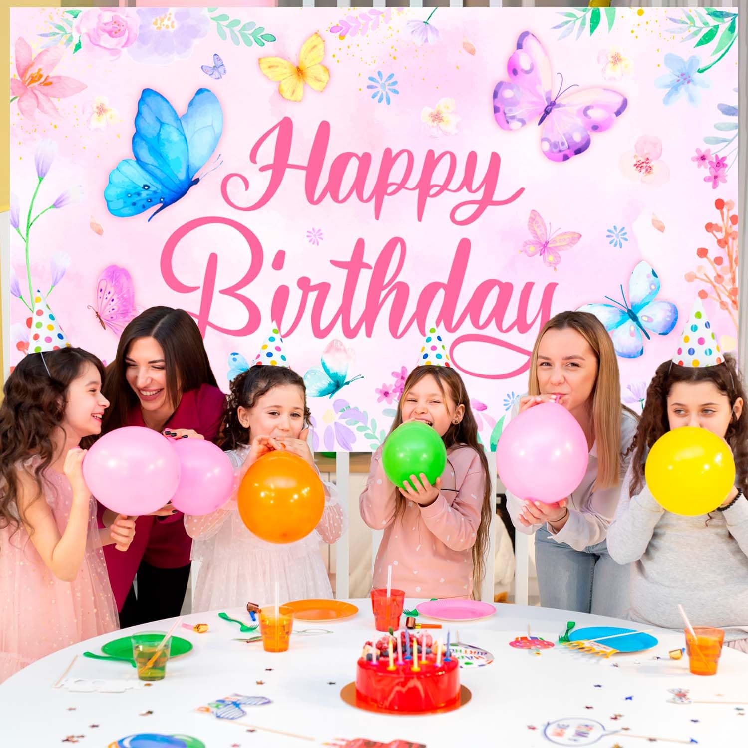 Farfalla Buon Compleanno Sfondo, 71'' x 43'' Sfondo Floreale e Farfalla Festa di Compleanno per Decorazione di Compleanno a Forma di Farfalla