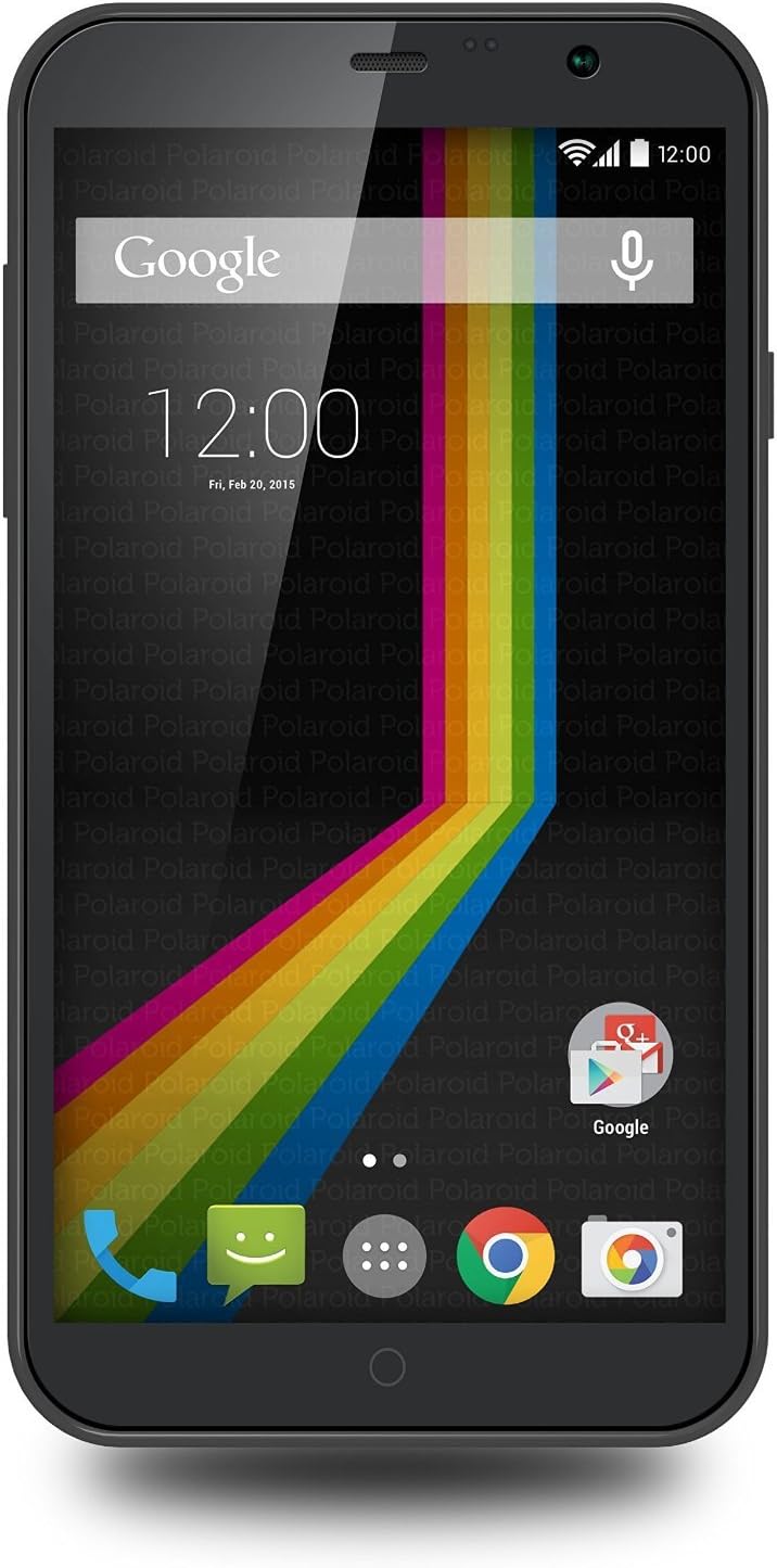 Úhlové view of Polaroid A6BK smartphone displaying the home screen with app icons