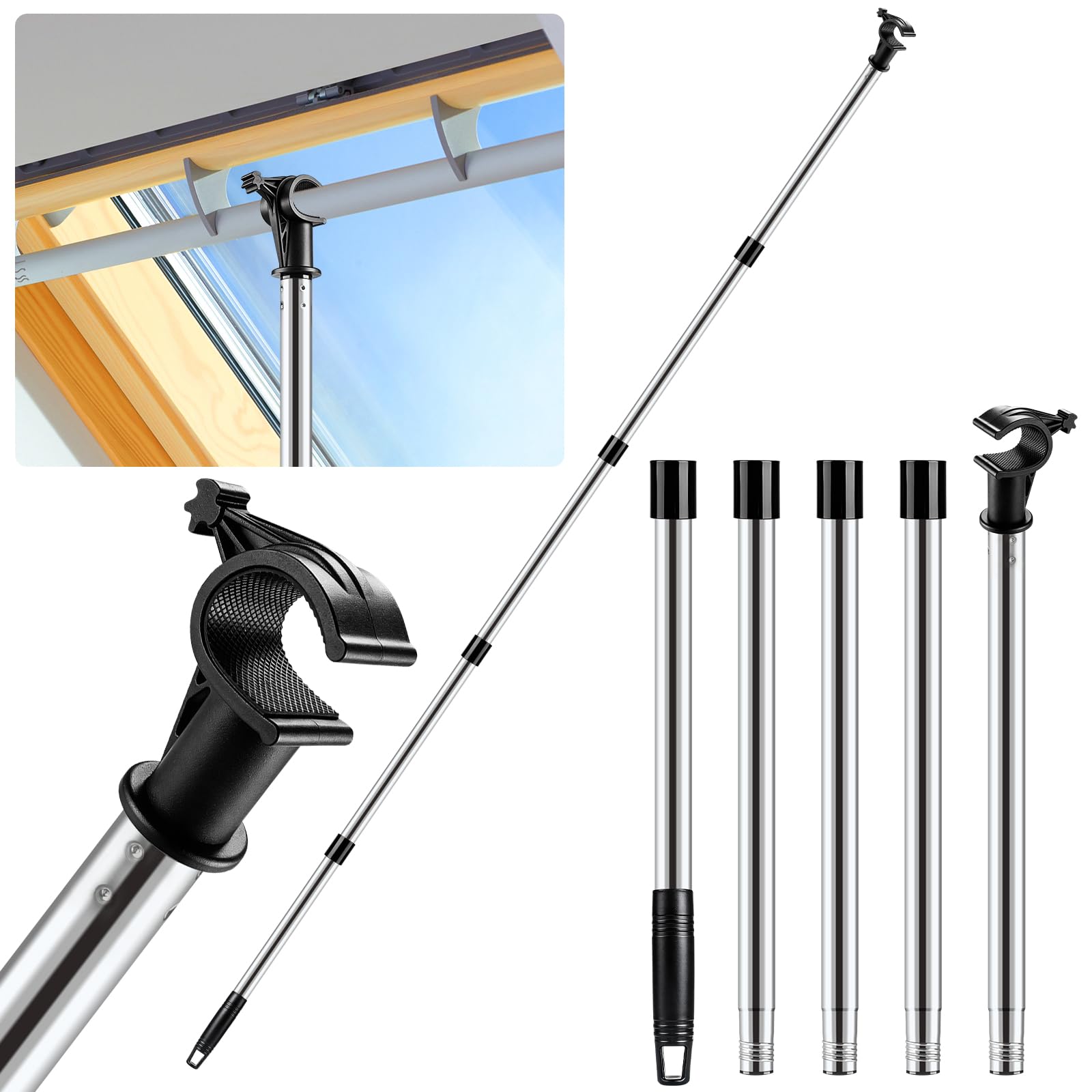 Window Pole Opener with Hook, Modular 1.84m Window Opener Pole Compatible with Velux GGL & GGU Skylight Windows, Sectional Skylight Pole for Roof Windows, Blinds and Loft Hatches
