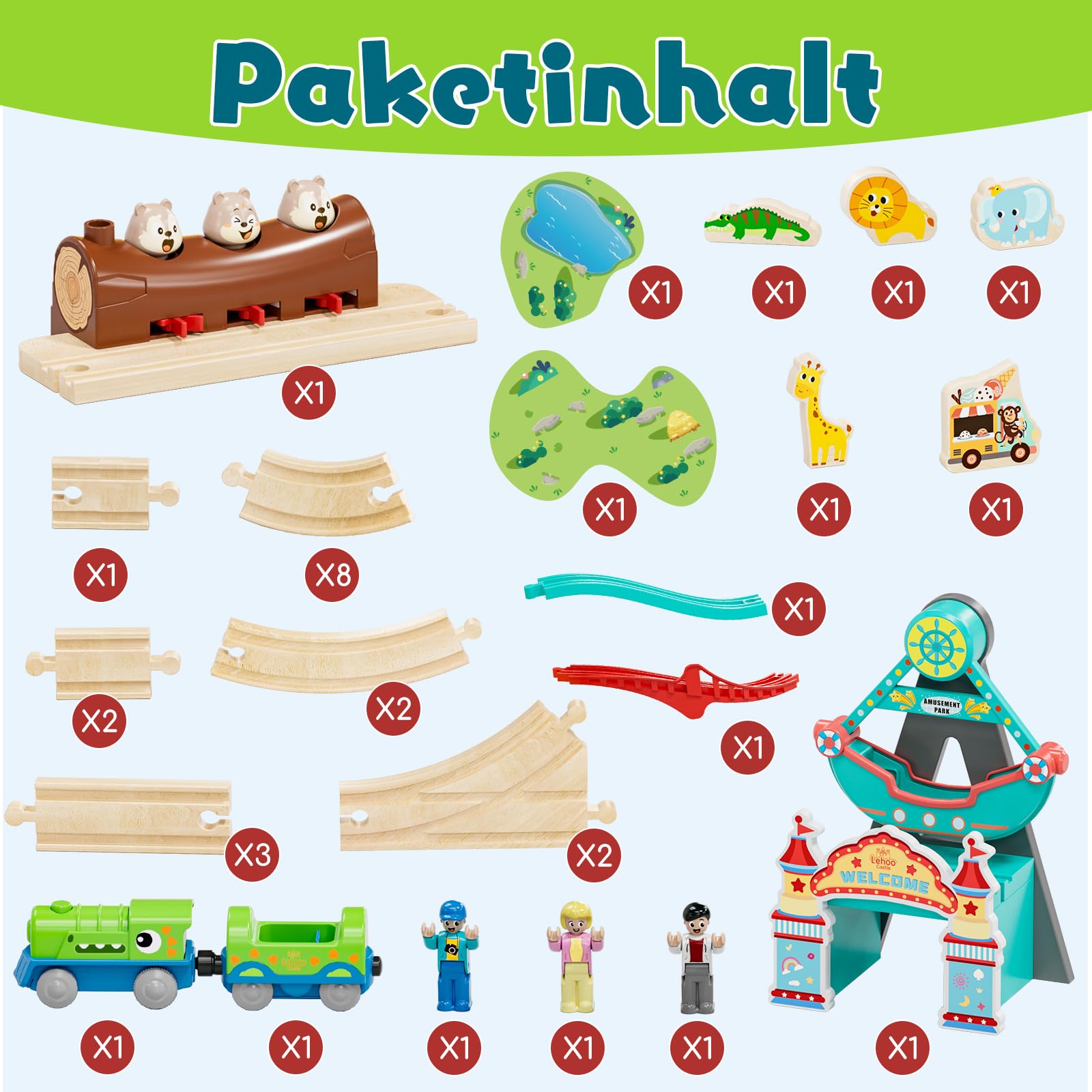 Lehoo Castle Holzeisenbahn mit Elektrischer Lok Dinosaurier, Freizeitpark Holz Eisenbahn Kinder, Holzeisenbahn Zubehör, Holz Spielzeug Geschenk für Kinder ab 3+ Jahre