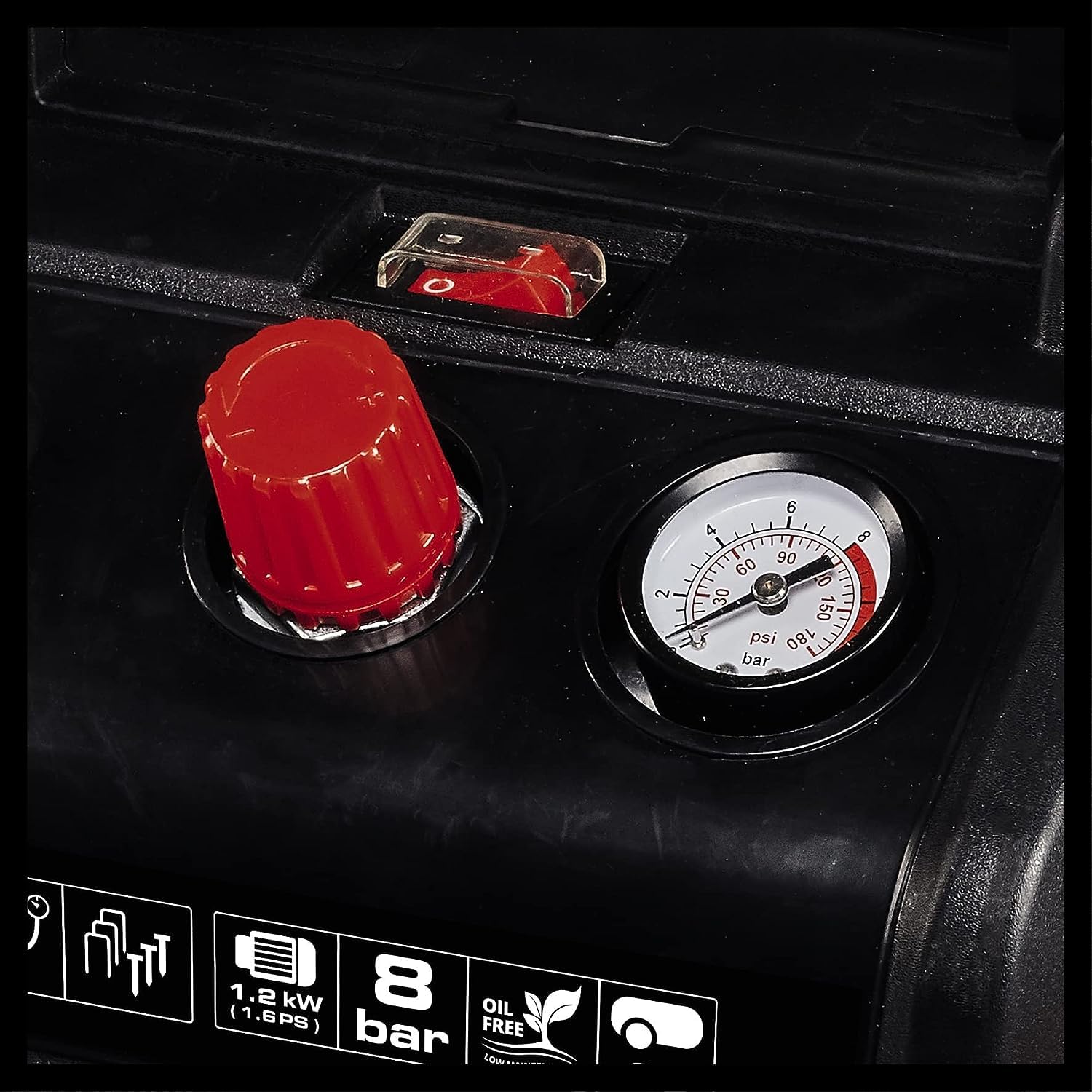 Einhell Kompressor TC-AC 190/6/8 (1,2 kW, max. 8 bar, 190 L/min Ansaugleistung, 6 Liter Tank, ölfreie Pumpe, Manometer, Schnellkupplung)