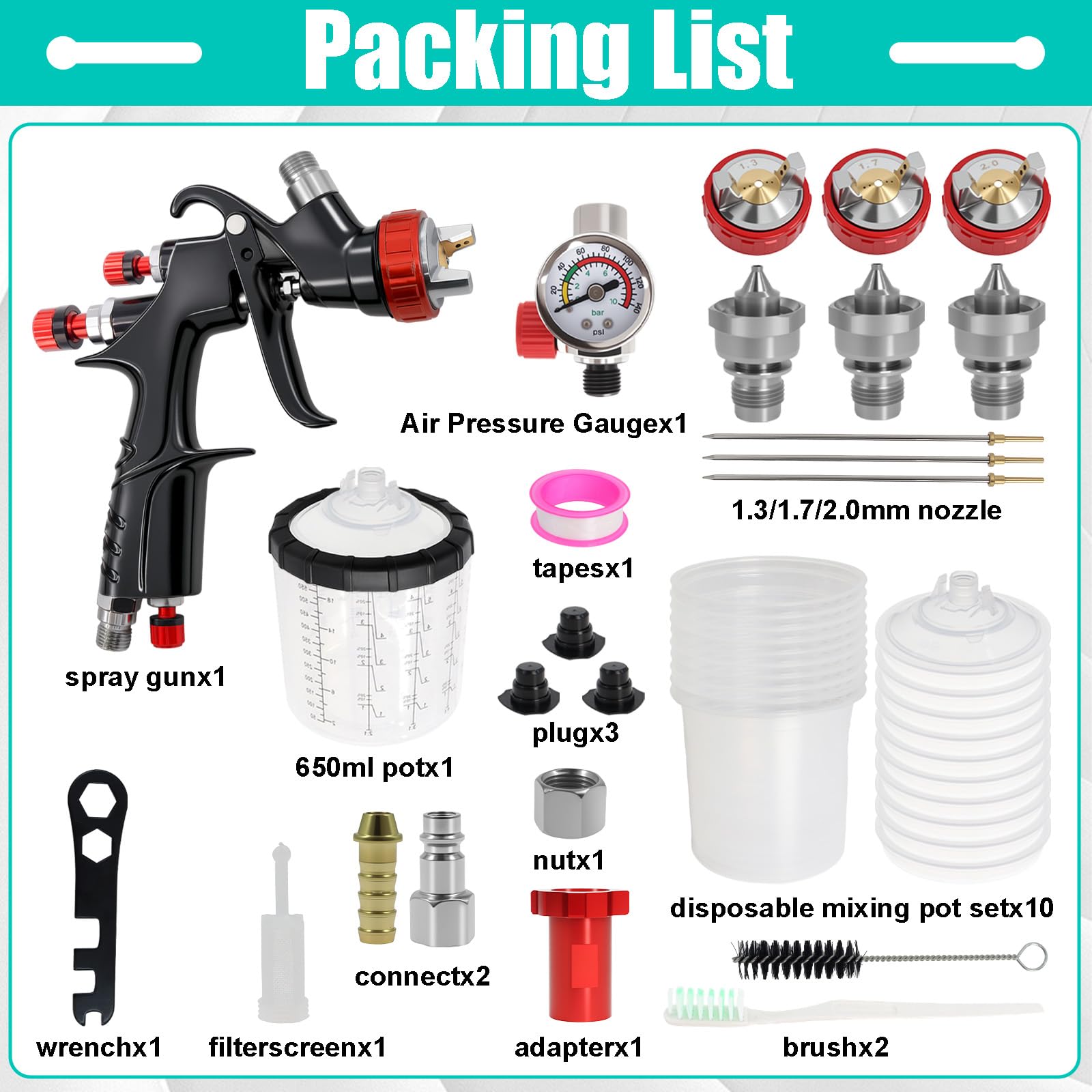 LVLP - Pistola per verniciatura ad aria compressa con serbatoio da 650 ml | Pistola a spruzzo con 3 ugelli da 1,3/1,7/2,0 mm e 10 bicchieri usa e getta per lavori di pittura
