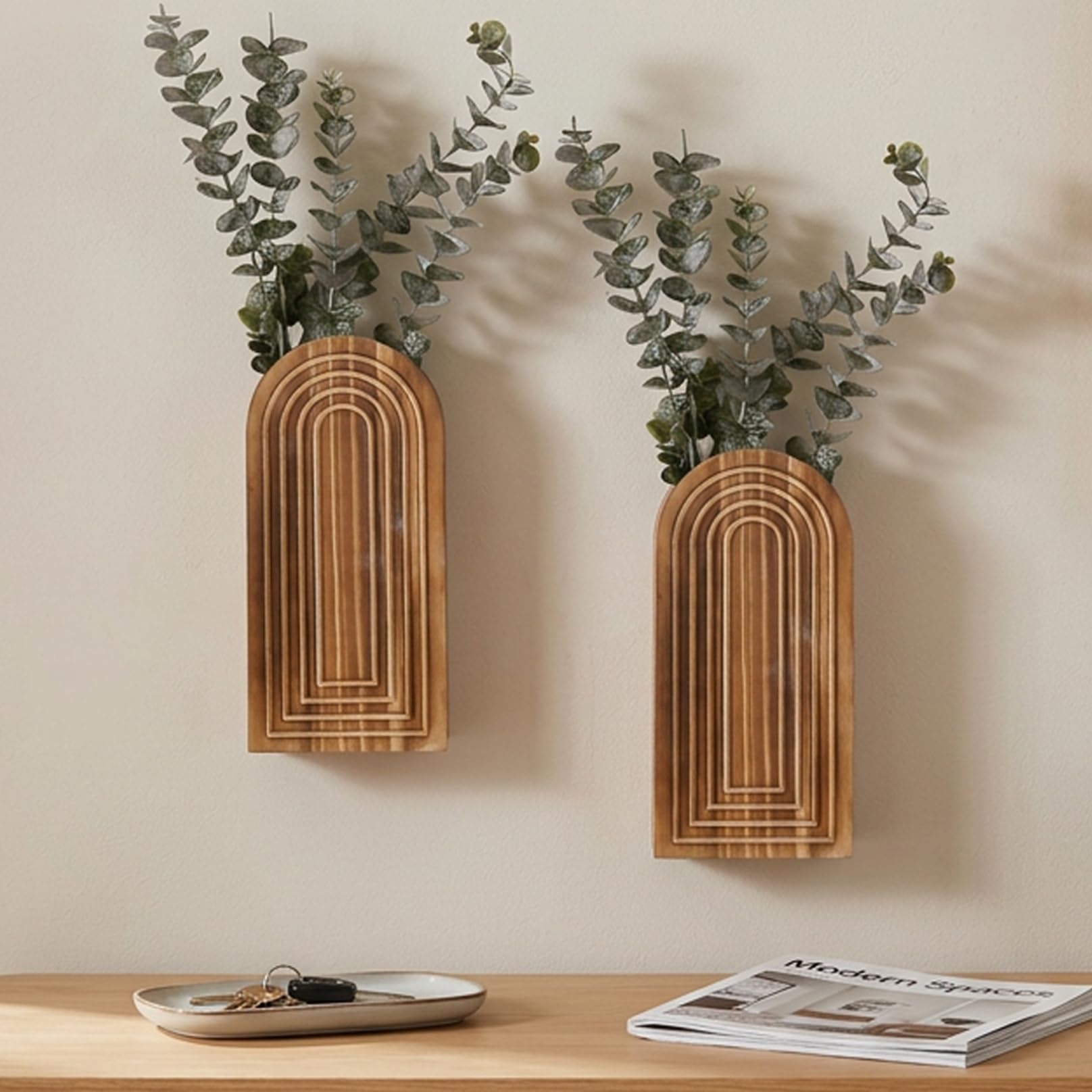 Comebachome 2 Pack Wood Wall Planter, Natural Light Brown Wooden Wall Vase with Arch Design for Dried or Artificial Flowers, Décorations d'été