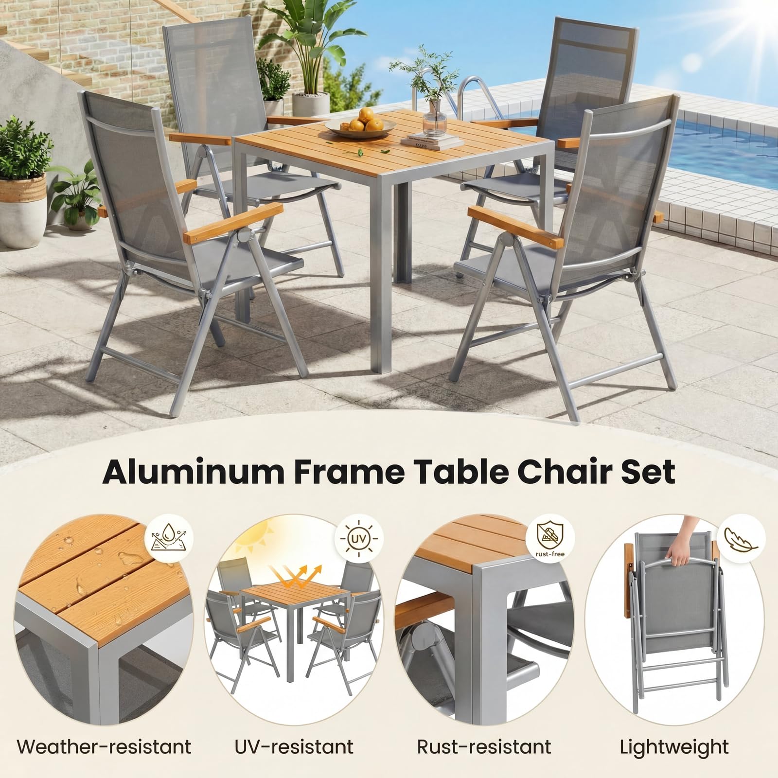 LIFERUN Alu Gartenmöbel Set 5-TLG, Balkonset 4 Stühle 1 Tisch, WPC Gartentisch + 4er Hochlehner Gartenstuhl Klappbar Wetterfest Aluminium Balkonmöbel für Veranden, Terrassen, Teakbraun+Hellgrau5pcs