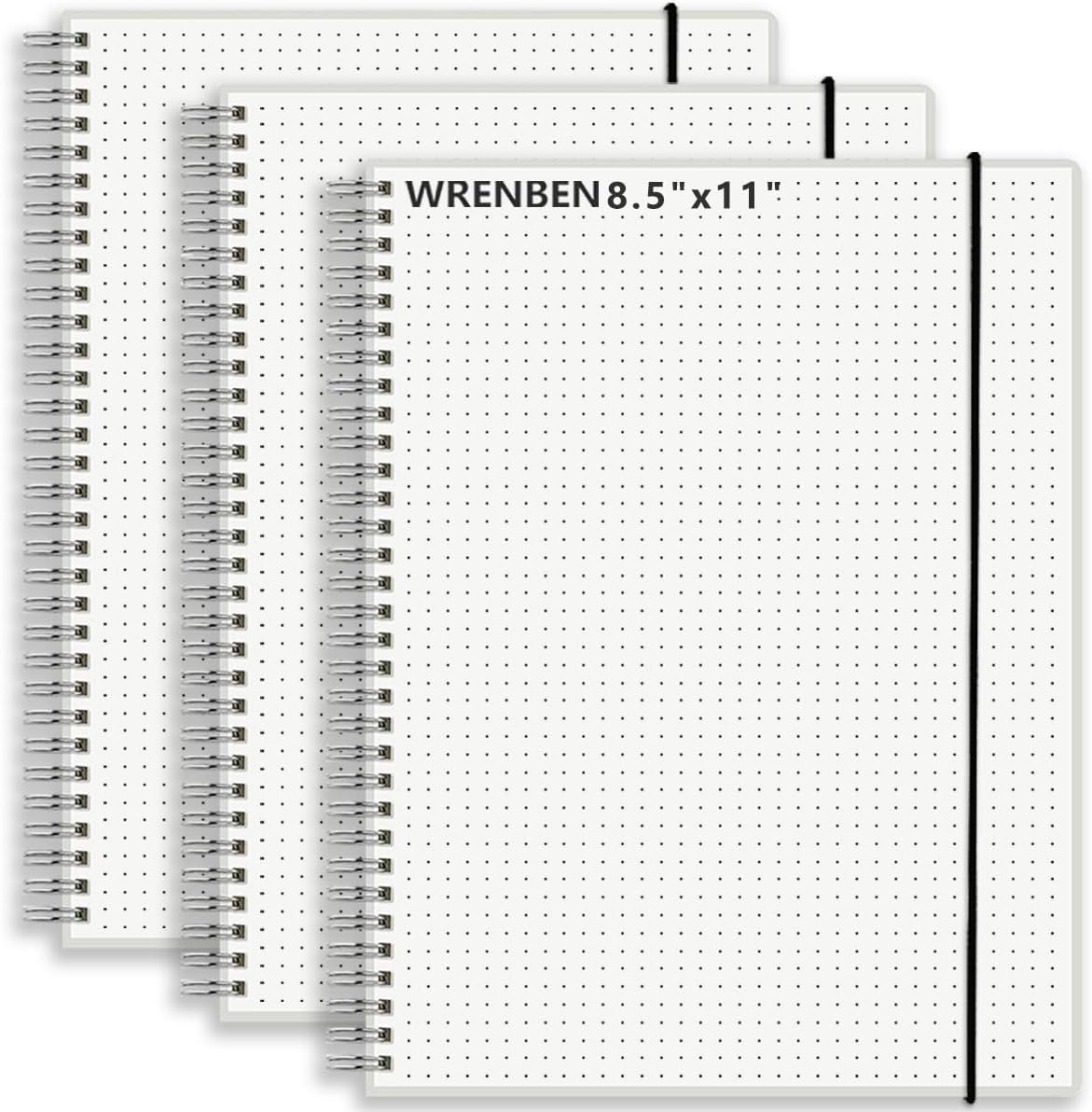 A4 Large Bullet Dotted Spiral Notebooks 8.5" x 11" with 120GSM Thick Paper, Elastic Band and Transparent Cover - 3 Pack Dot Grid Math Notepads for Journaling, Planning (Dotted, A4)