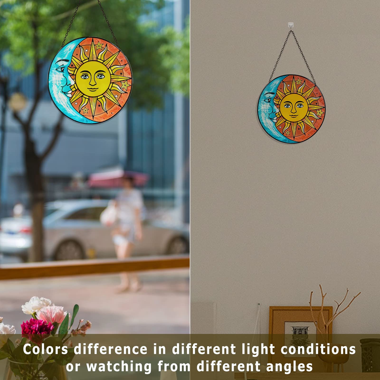 Attrape-soleil En Verre Avec Motif Soleil Et Lune - Diamètre : 150 Mm - Avec Chaîne à Suspendre - Attrape-couleur - Décoration De Fenêtre - Idéal Pour Véranda, Salon, Jardin