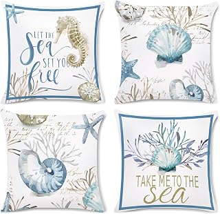 Bonhause Nautical Coastal Cushion Covers 45 x 45 cm Conch Ocean Themed Beach Seashell Coral Starfish Throw Pillow Covers Soft Velvet Pillowcases for Sofa Patio Outdoor Decor Set of 4