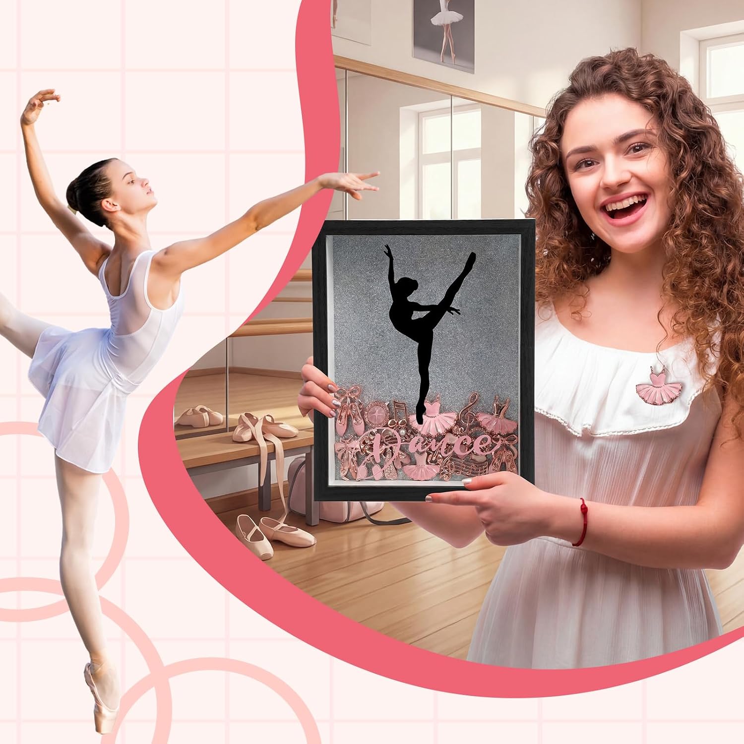 Qunclay 7"x9" Dance Pin Shadow Box Frame Custom Wooden Desktop Display Dancing Pose Name Competition Pin Shadow Box Display Case for Ballet International Dance Day Gift Recital Decor(Arabesque)