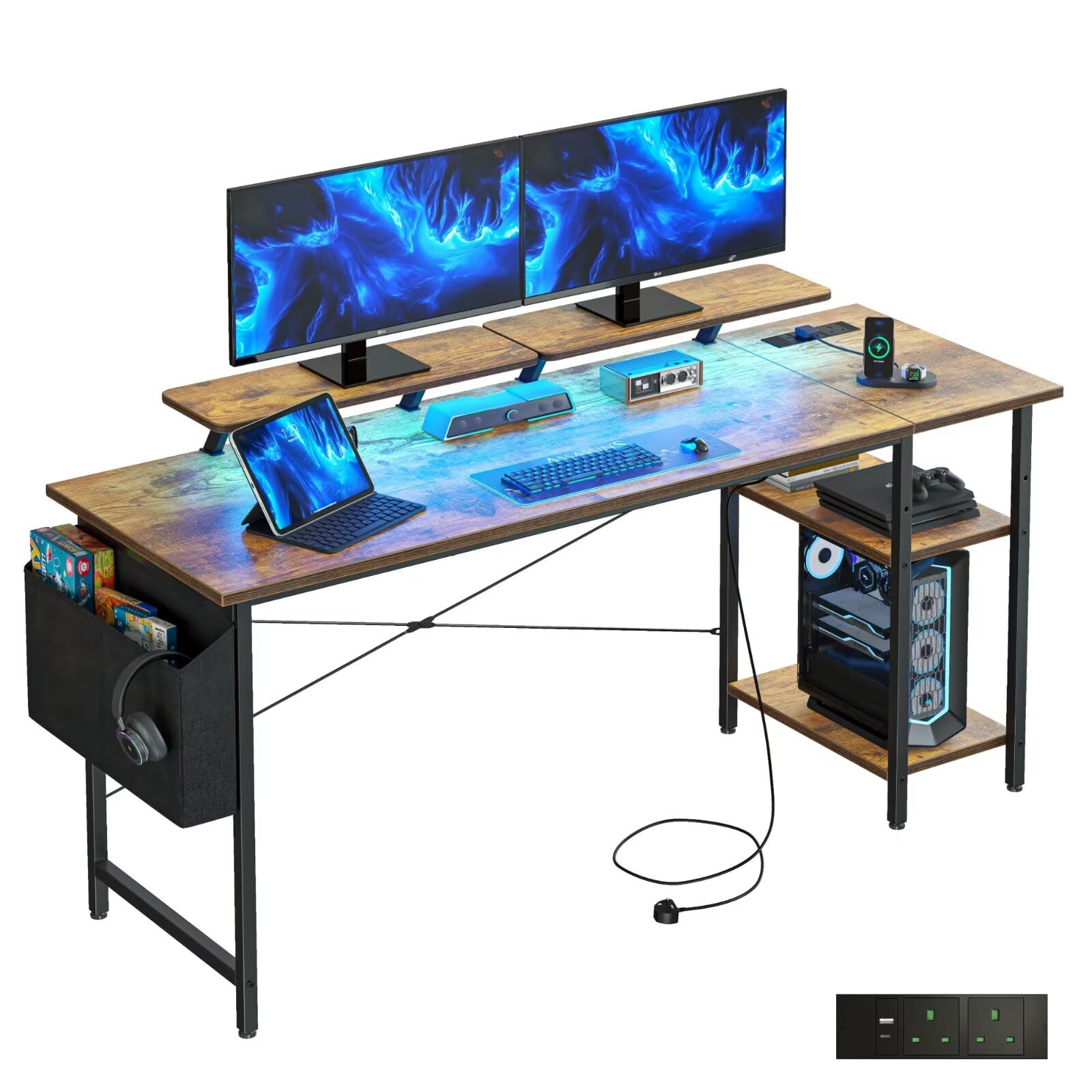 DOMSHOCT Gaming Desk with LED Lights & Power Outlets, Reversible Computer Desk with Storage Shelves & Dual Monitor Stands, for Home Office & Study, 140×50cm Brown