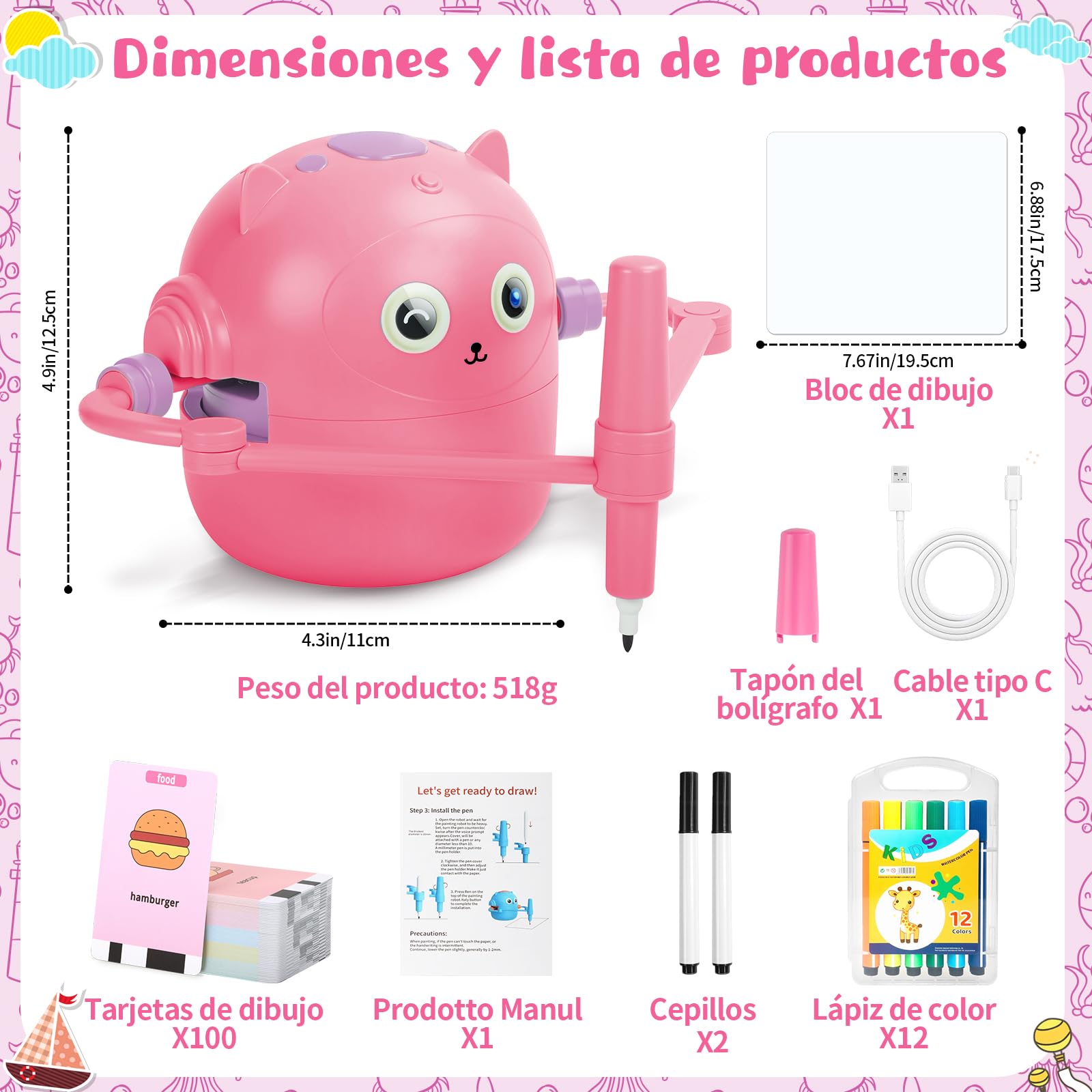 Charmofun Robot de Dibujo para Niños, Drawing Robot con 100 Tarjetas, Robots Inteligente Juguete Recargable, Juguete Educativo Interactivo con Voz para Niños y Niñas a Partir de 3 Años (Rosa)