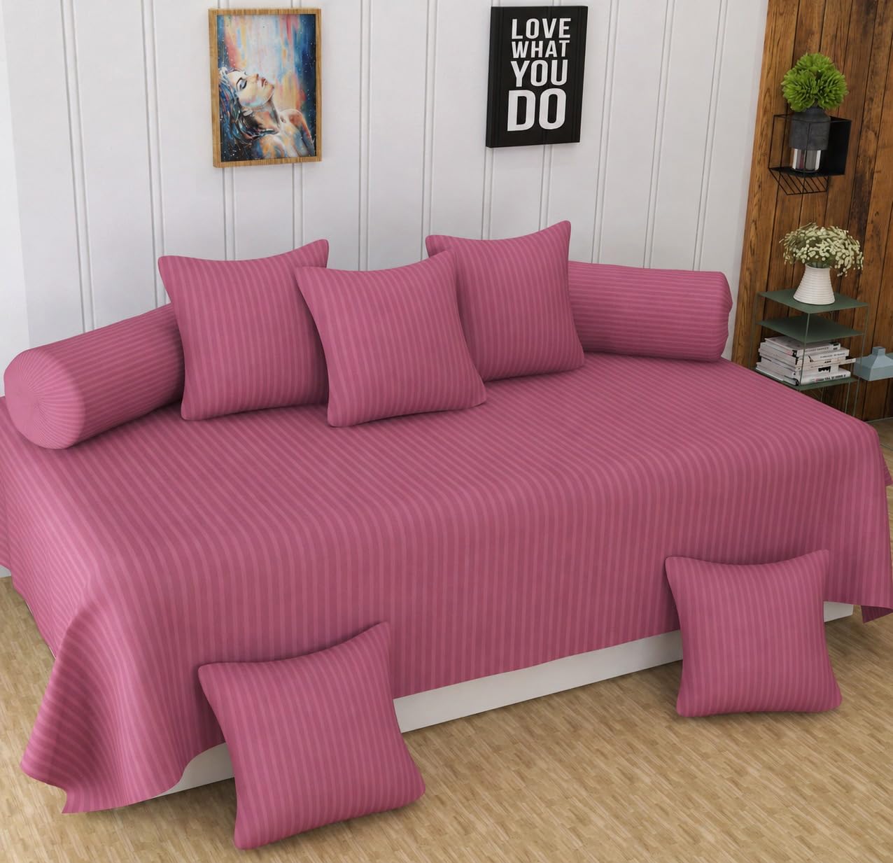 Homefab India 160 TC Stripe Glace Cotton Diwan Set - 8 Piece - Pink