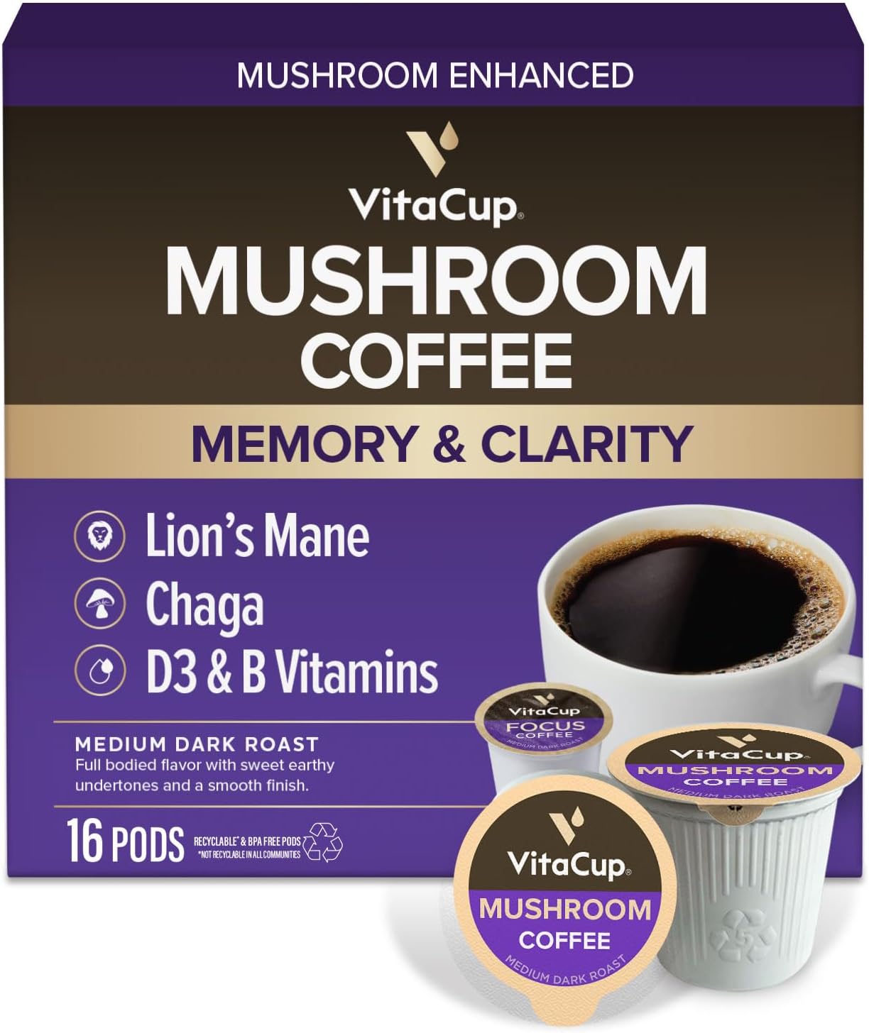 Mushroom Coffee Pods, Boost Focus & Immunity w/Lions Mane, Chaga, B Vitamins, D3 for Memory & Clarity, Medium Roast, Single Serve Pod Compatible w/Keurig K-Cup Brewers,16 Ct