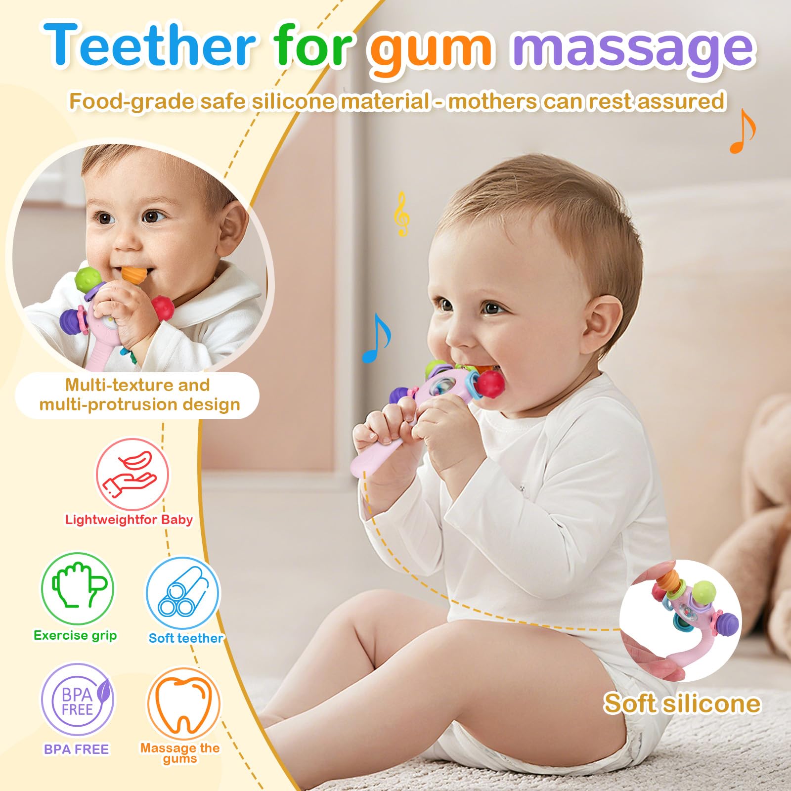 Giocattolo per la dentizione del neonato con sonaglio in silicone alimentare-Senza BPA Sensoriali Giocattoli Progettazione anti-inghippo Adatto per bambini da 0 a 36 mesi(Rosa)