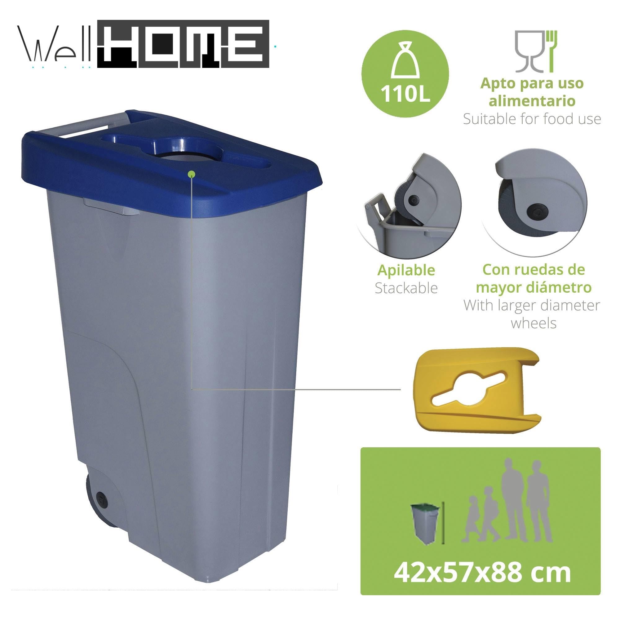 WELL HOME MOBILIARIO & DECORACIÓN Contenedor Abierto 110L Azul H.88cm + Rollo 10 bolsas de basura 120L