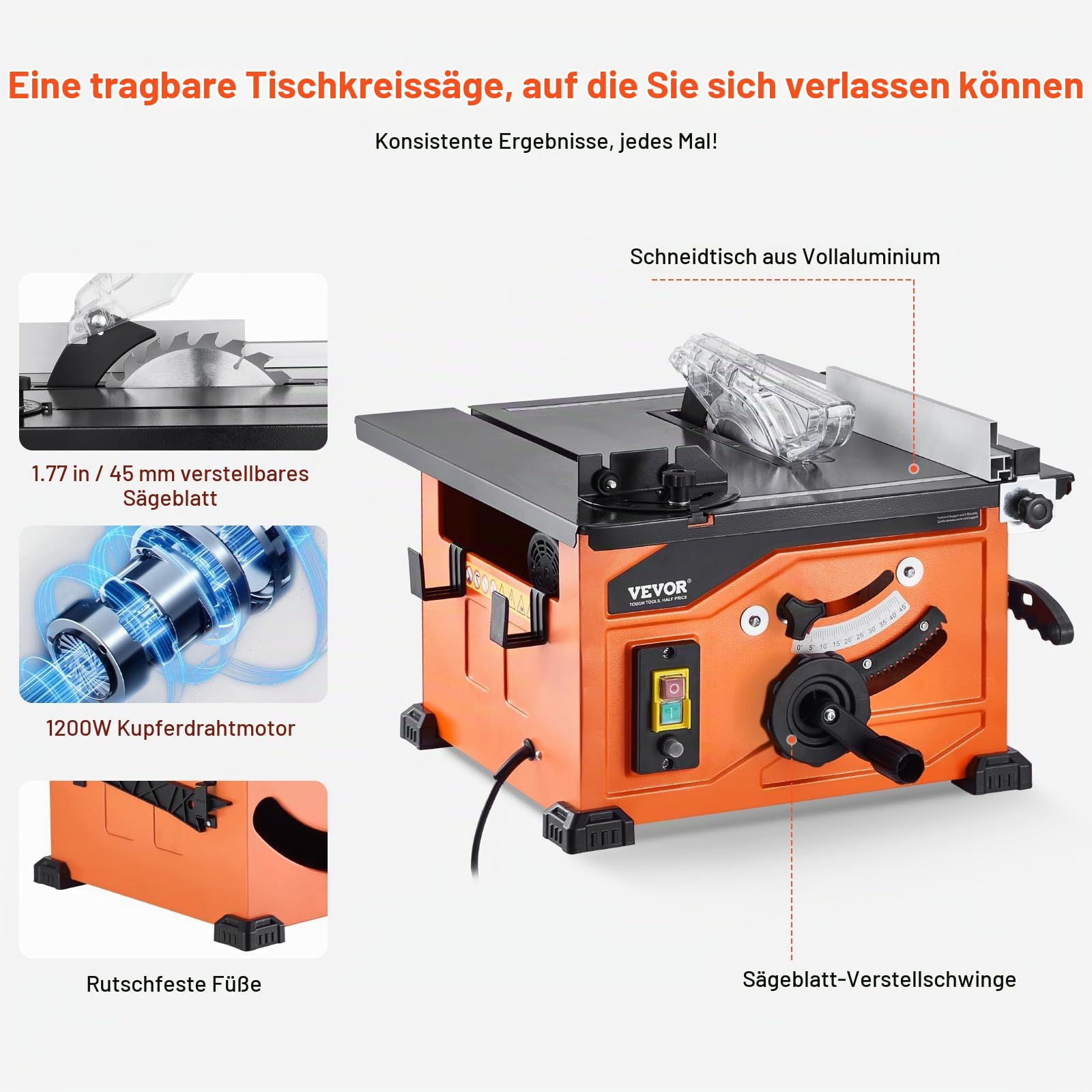 VEVOR Tischkreissäge, 210 mm, 1200 W Baukreissäge, 225 mm max. Schnittkapazität, 4800 U/min Schnittgeschwindigkeit, mit 24-Zahn-Sägeblatt, Gehrungsanschlag, für Heimwerker-Holzbearbeitung & Möbelbau