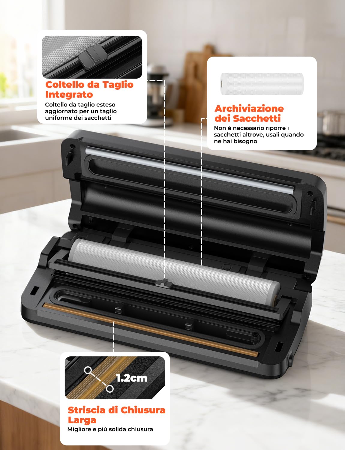 Macchina Sottovuoto Alimenti Professionale con Tubo/Taglierina Interna/Custodia Borsa, Secco/Umido/Delicato, con 40 Sacchetti Sottovuoto e 1 Rotoli 28x600cm