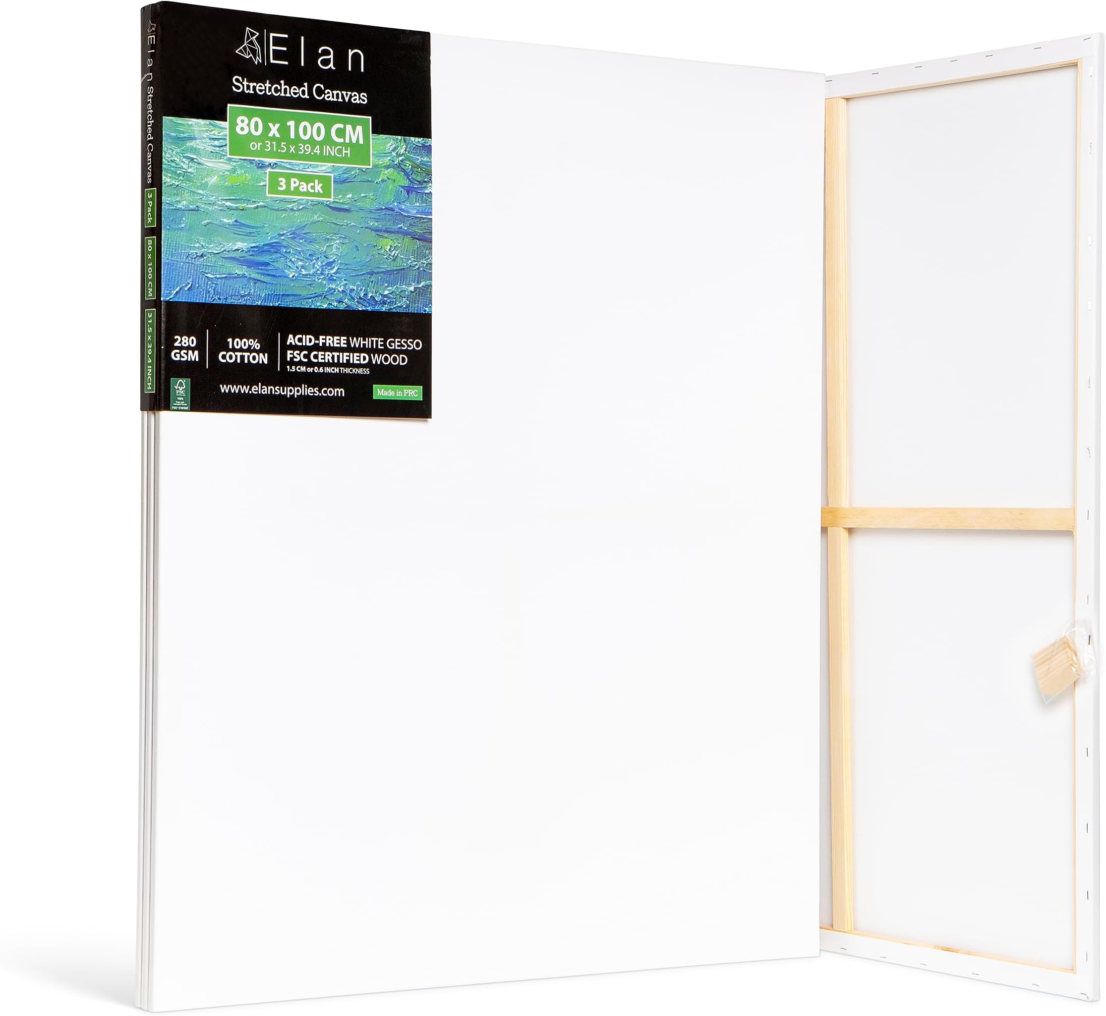 Elan Stretched Canvases 80x100 CM, 3-Pack Extra Large Canvas for Painting 280 GSM, Triple Primed Extra Large Stretched Canvas for Painting 80x100 CM