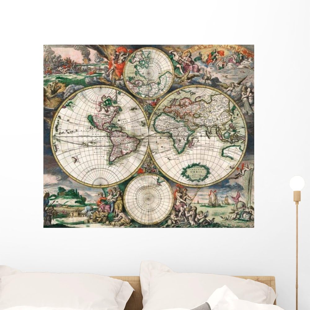 Wallmonkeys 17th Century Dutch Map of The World Wall Decal Peel and Stick Graphic WM158441 (36 in W x 31 in H)