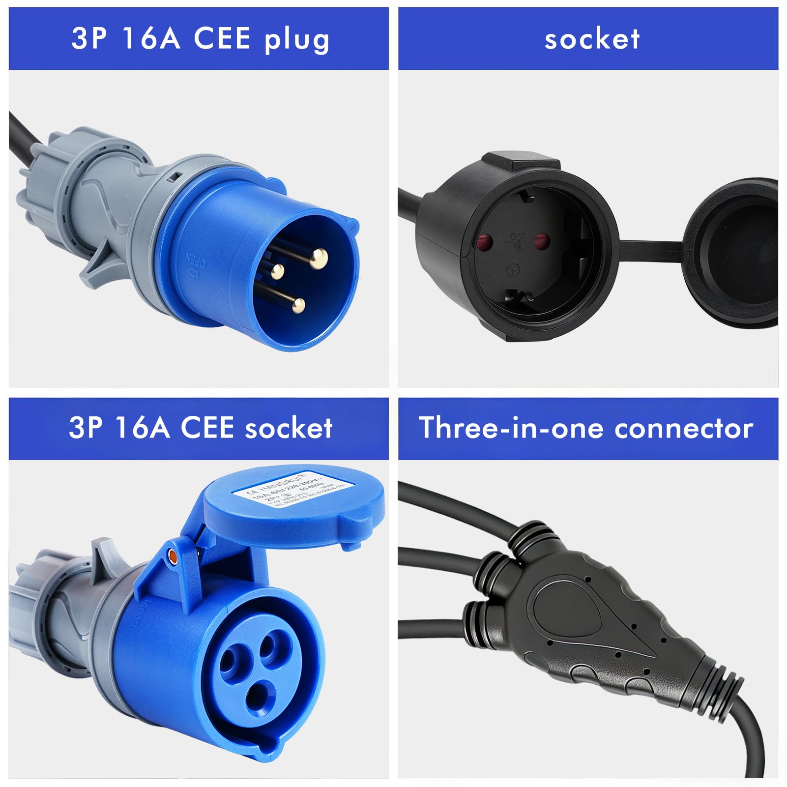 Cable Adaptador Enchufe con 2 Schuko y 1 cee 16 A, 250 V, 150cm Cable de Extensión - IP44 H07RN-F3G 1.5 mm² - Adaptador Cable de Goma Intemperie para exterior caravanas y acampadas Accesorios