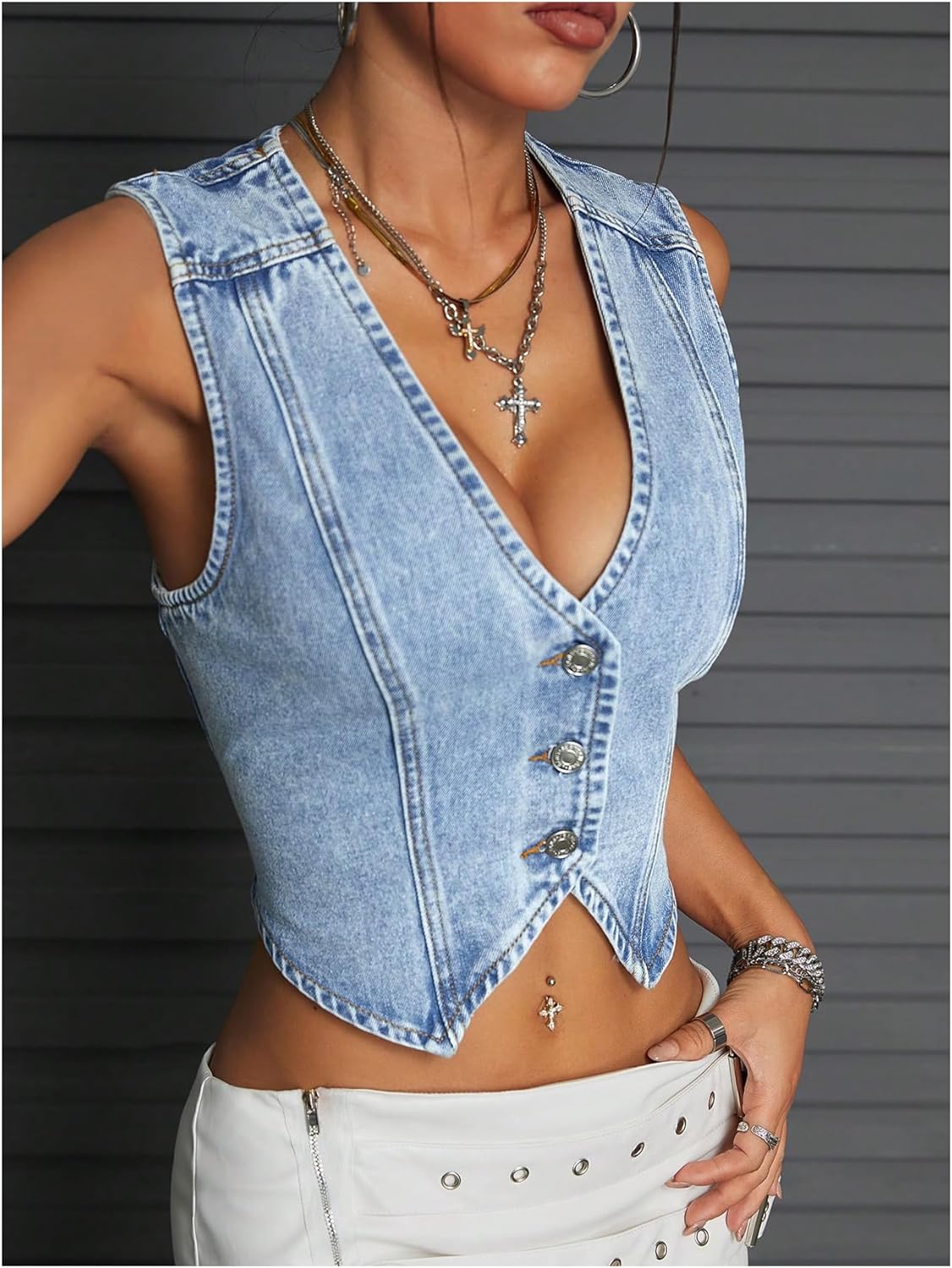 WDIRARA Women's Button Down Denim Crop Top Asymmetrical Jean Vest Sleeveless Deep V Neck Tank Tops - Image 3