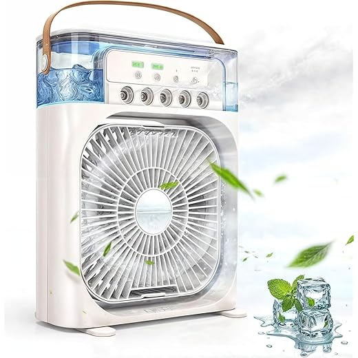Drumstone (Special 5 Years Warranty) Portable USB Air Cooler Fan, 3-Speed, USB Powered, Mist Humidifier, 7-Color Lights, Quiet Operation, Adjustable Airflow