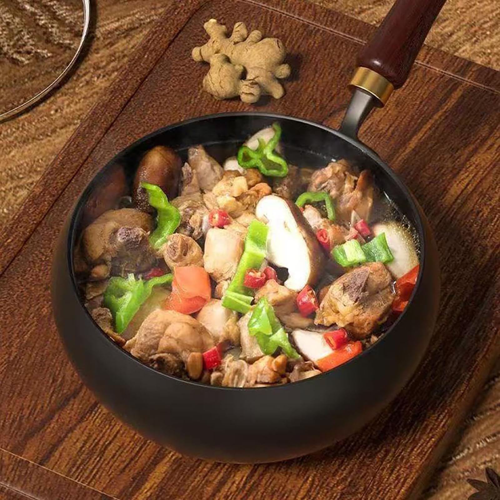 REGAPOG Poêle en Fonte Wok Chinois Grand Ventre - Poêles en Fonte et Poêle en Fer, Diamètre 28cm, Fabriquée Artisanale sans Revêtement, Poignée en Bois Naturel pour Cuisson Authentique