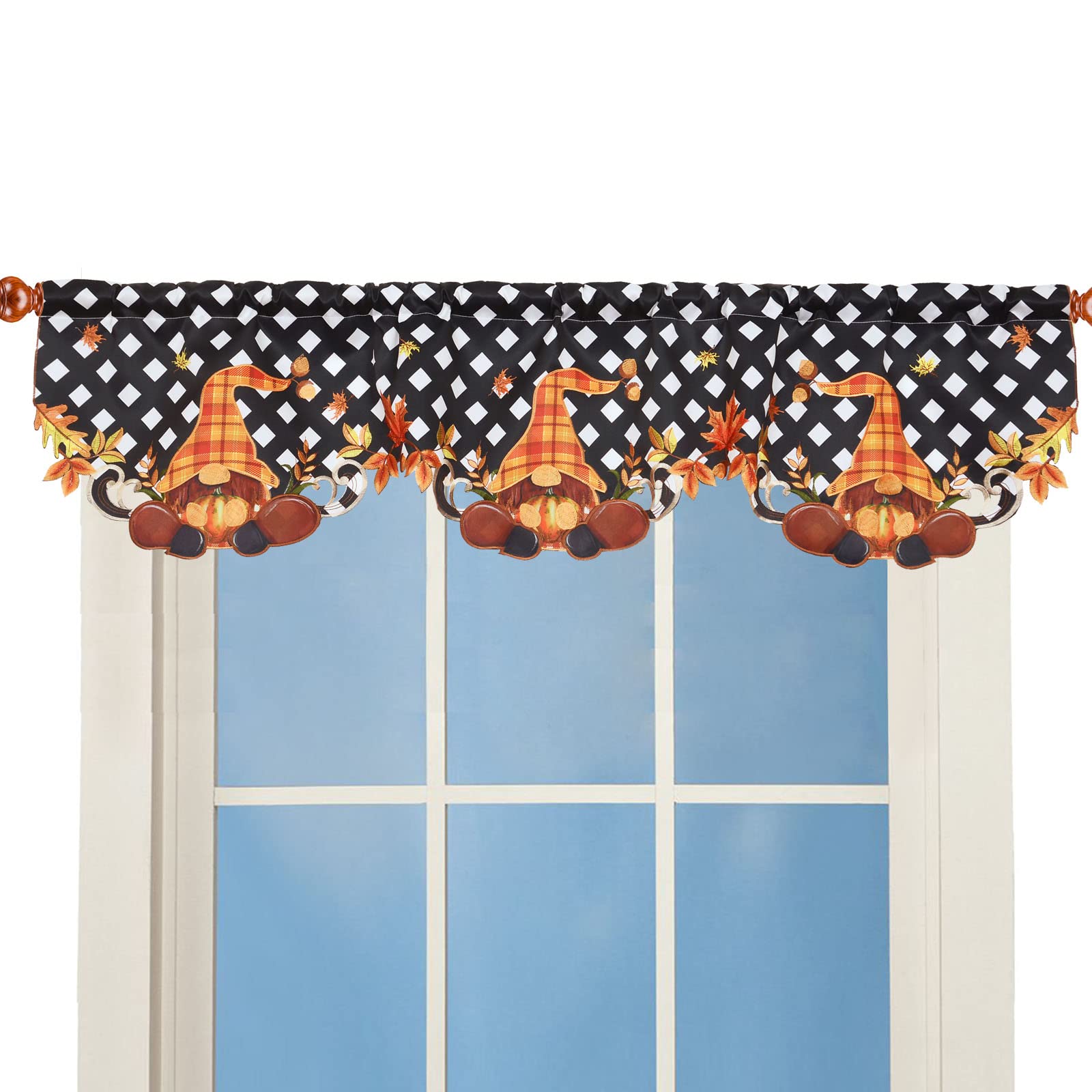 Simhomsen Embroidered Thanksgiving Gnomes and Fall Autumn Harvest Pumpkins Kitchen Window Curtain Valance W 57 × L 14 Inches, Kitchen Window Decorations (Fall Gnomes Buffalo)