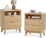 LYNCOHOME 2 Drawer Fluted Nightstand - Wooden Side Table with Open Storage Cabinet & Wood Legs for Bedroom - 1 Pack